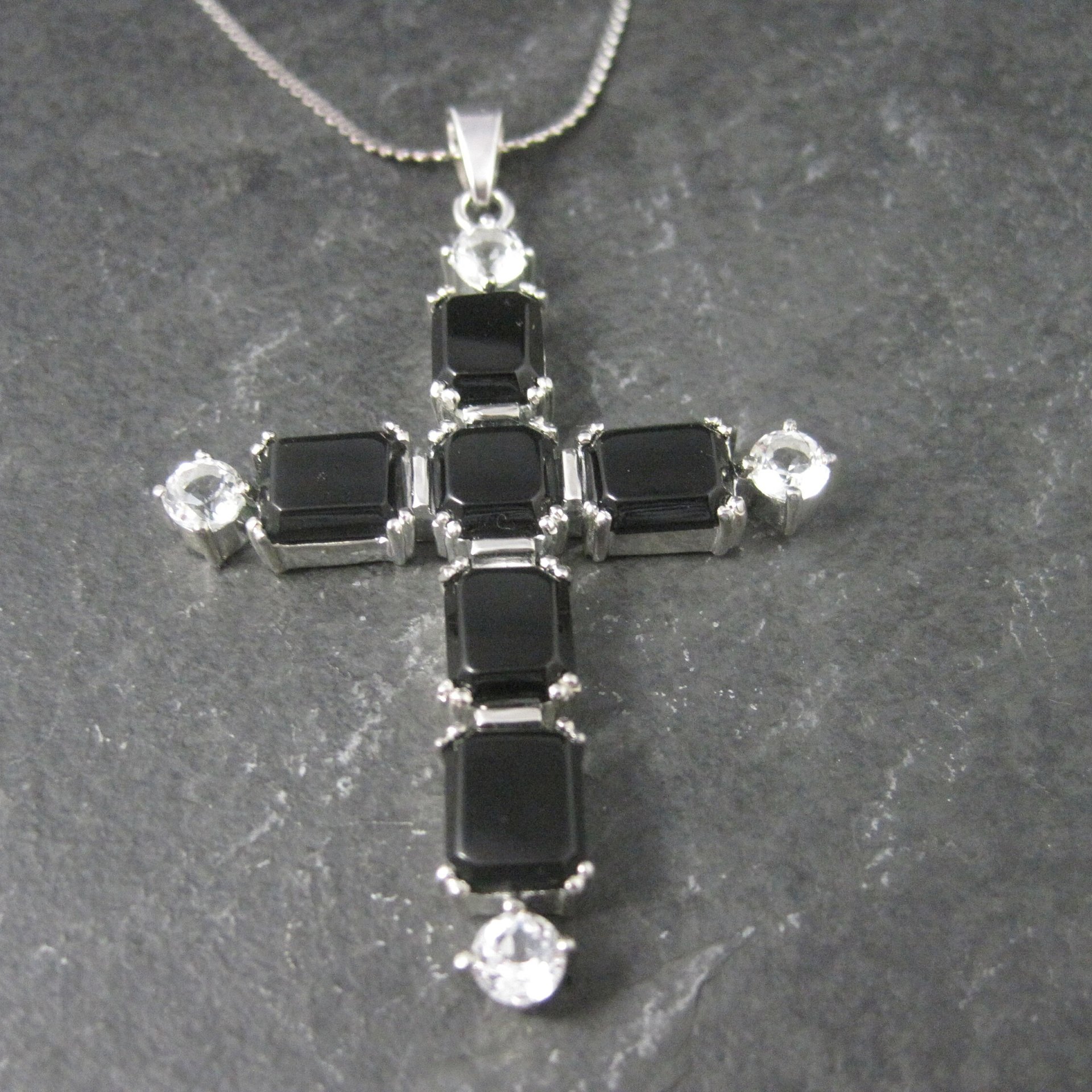 Estate Sterling Black White Topaz Cross Pendant Necklace