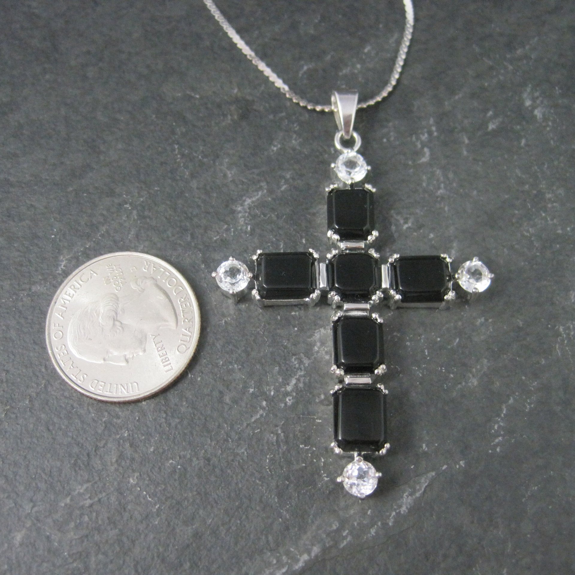 Estate Sterling Black White Topaz Cross Pendant Necklace
