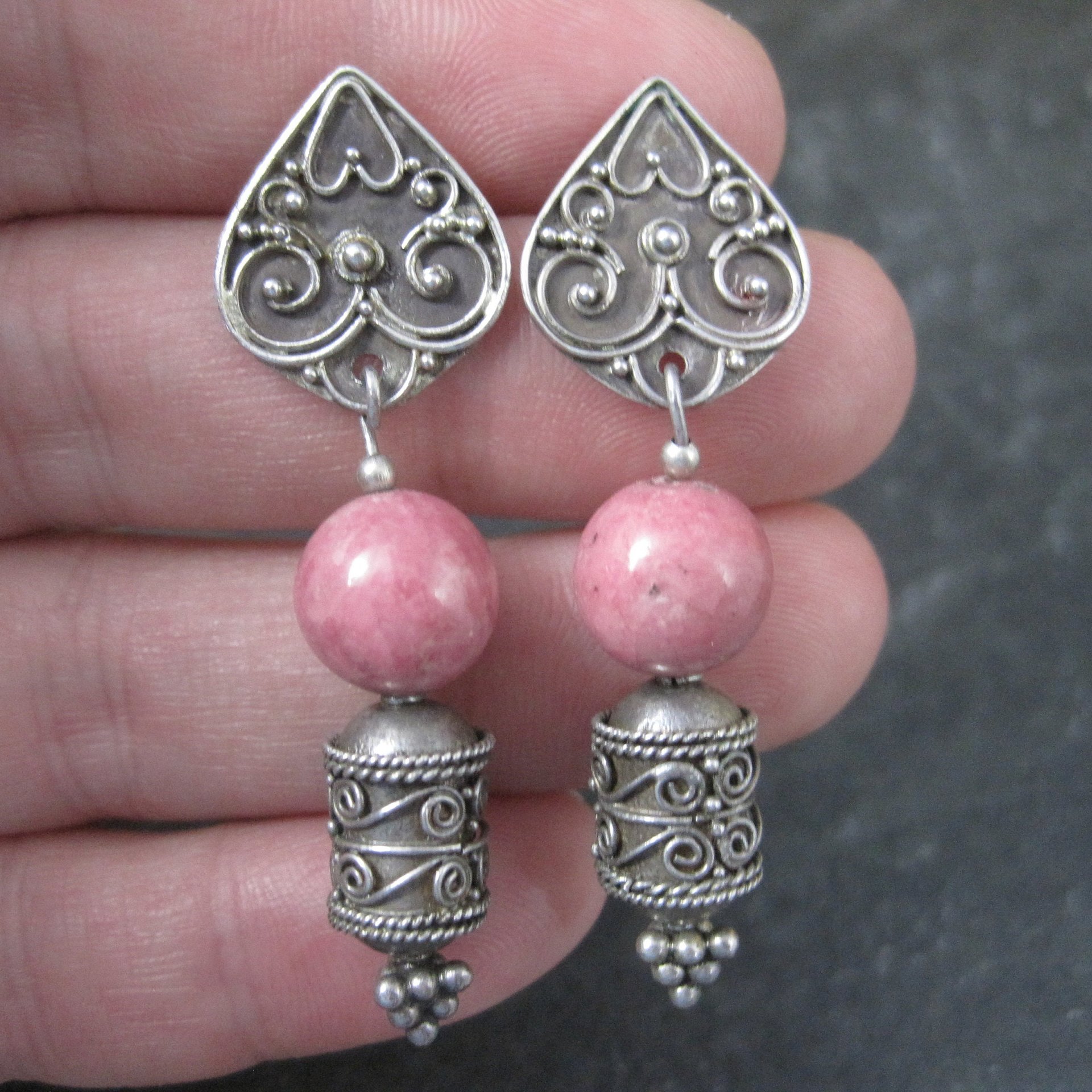 Long Vintage Sterling Rhodochrosite Earrings