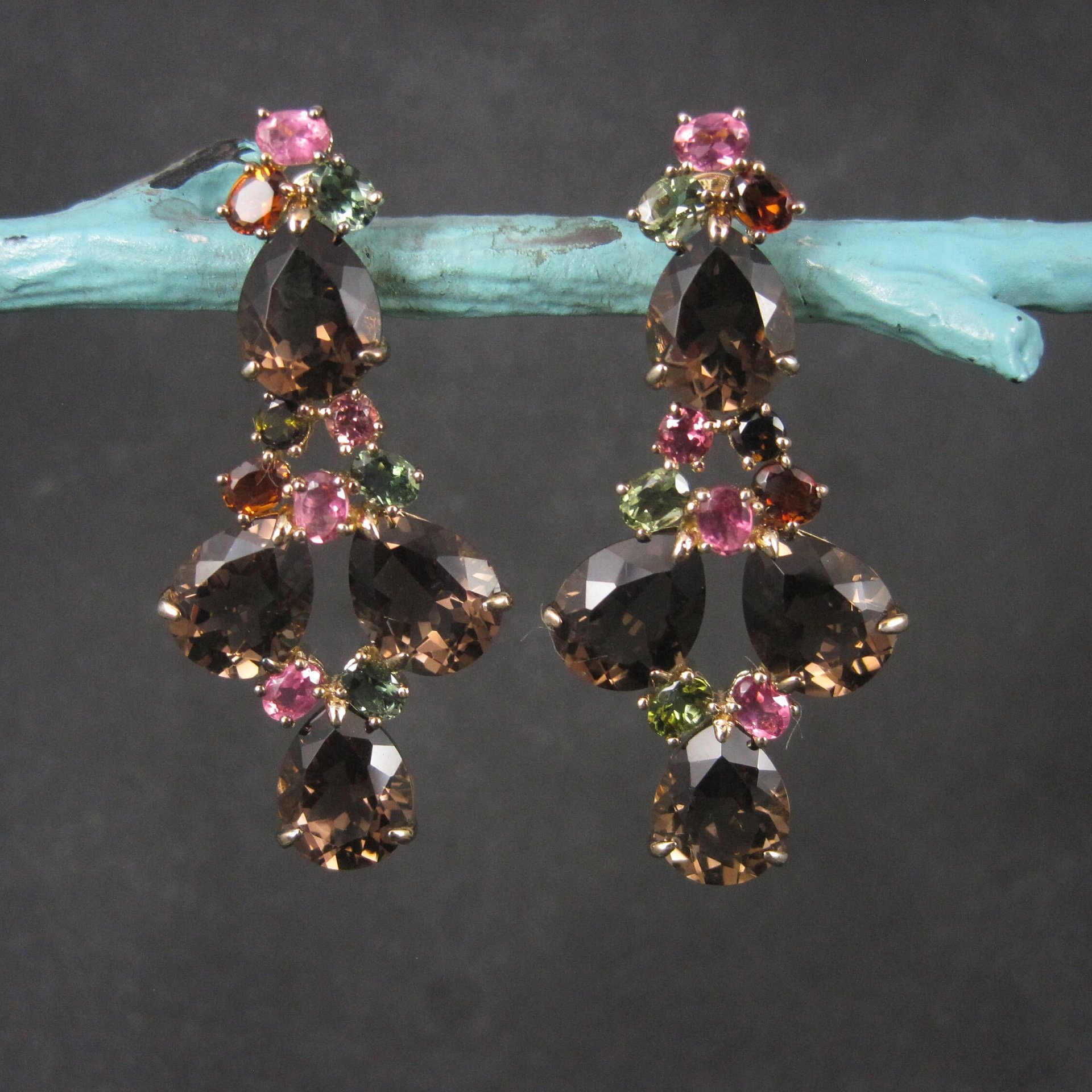 Large Vermeil Sterling Tourmaline and Quartz Gemstone Earrings