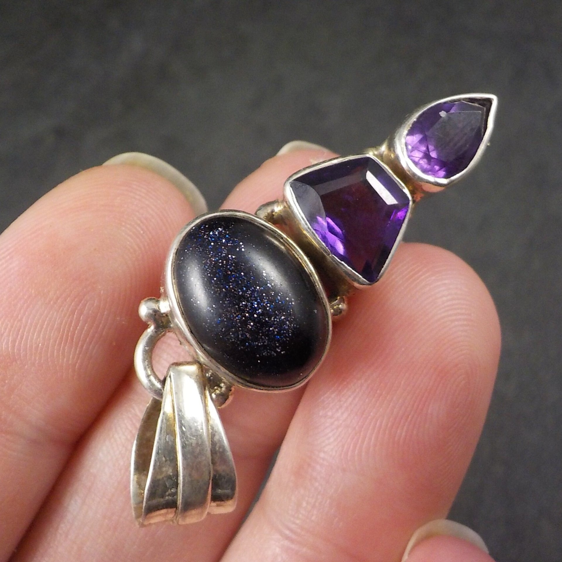 Vintage Sterling Blue Goldstone Amethyst Pendant