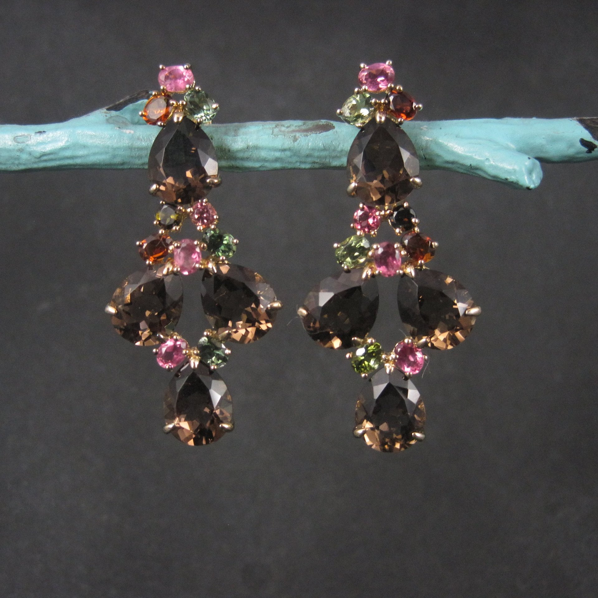 Large Vermeil Sterling Tourmaline and Quartz Gemstone Earrings