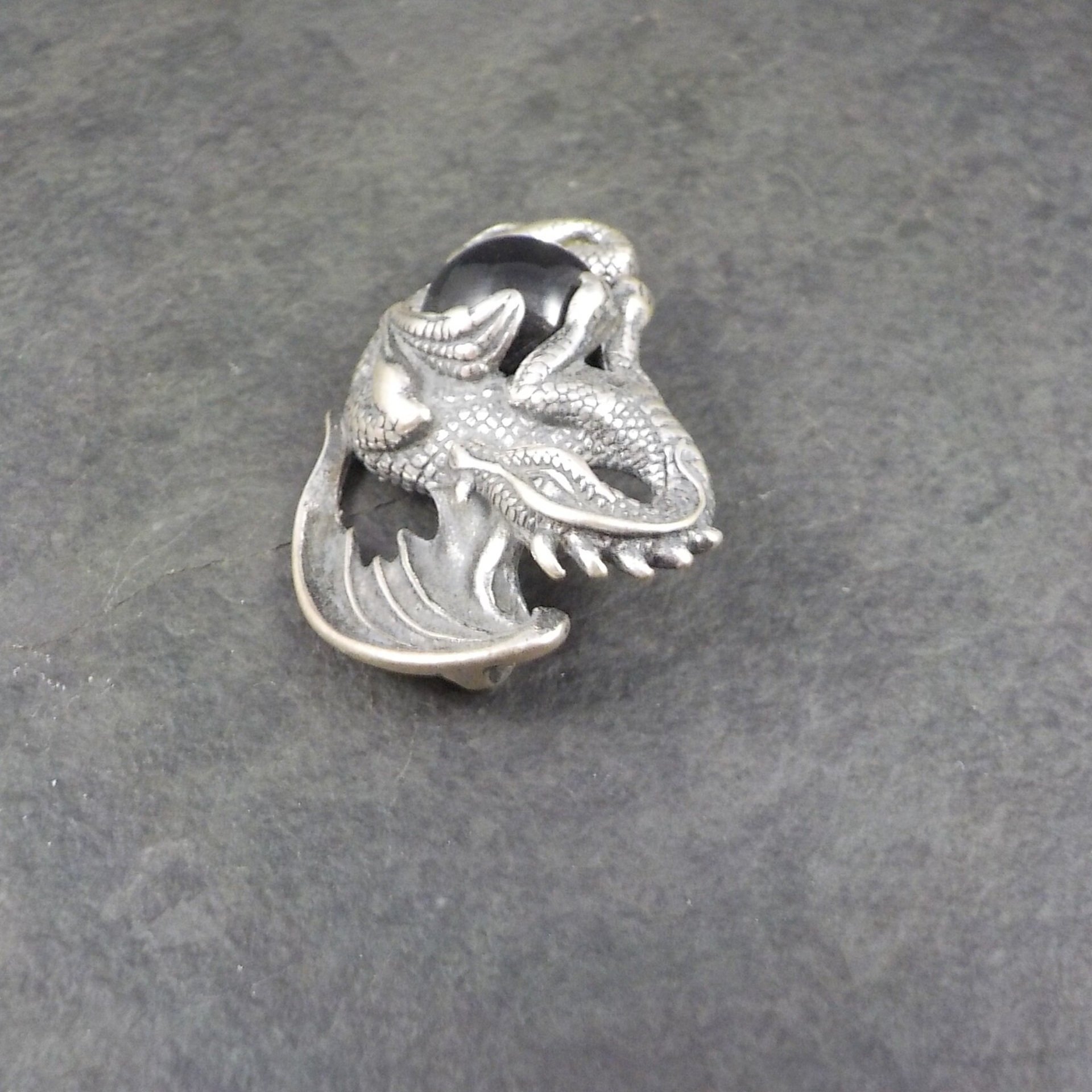 Vintage Sterling Silver Black Onyx Dragon Pendant