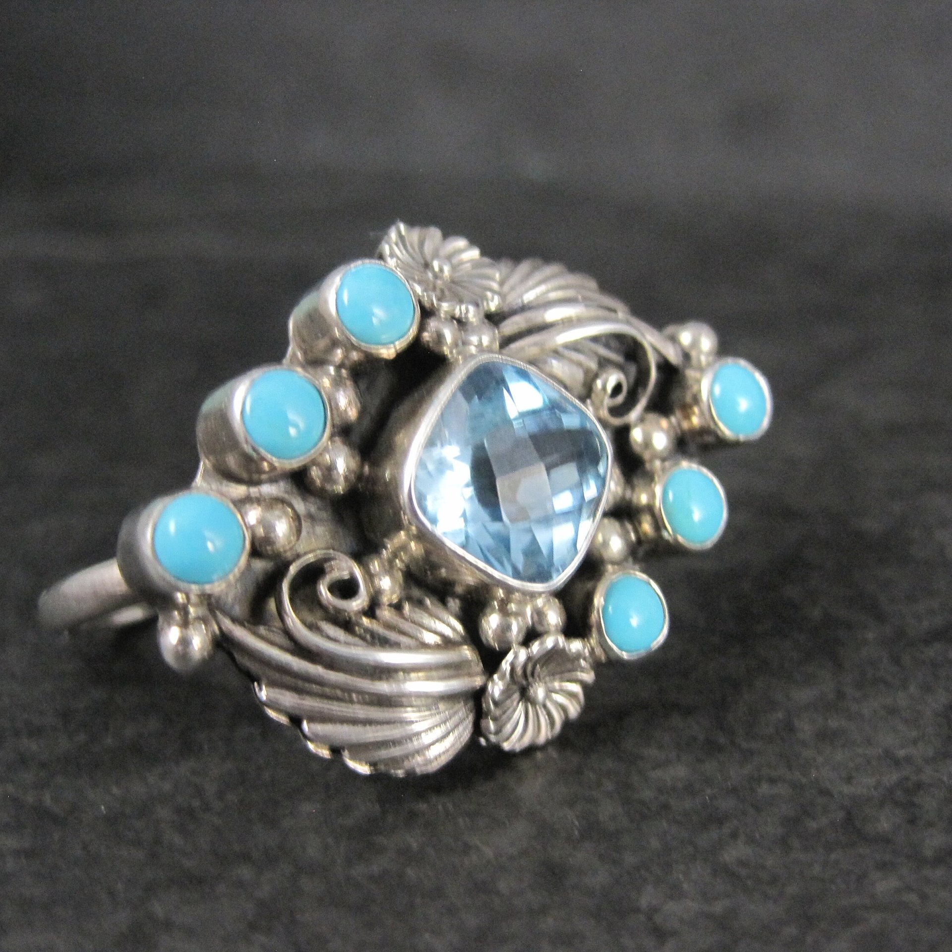 Southwestern Sterling Topaz Turquoise Two Finger Ring Sizes 9 and 8.5