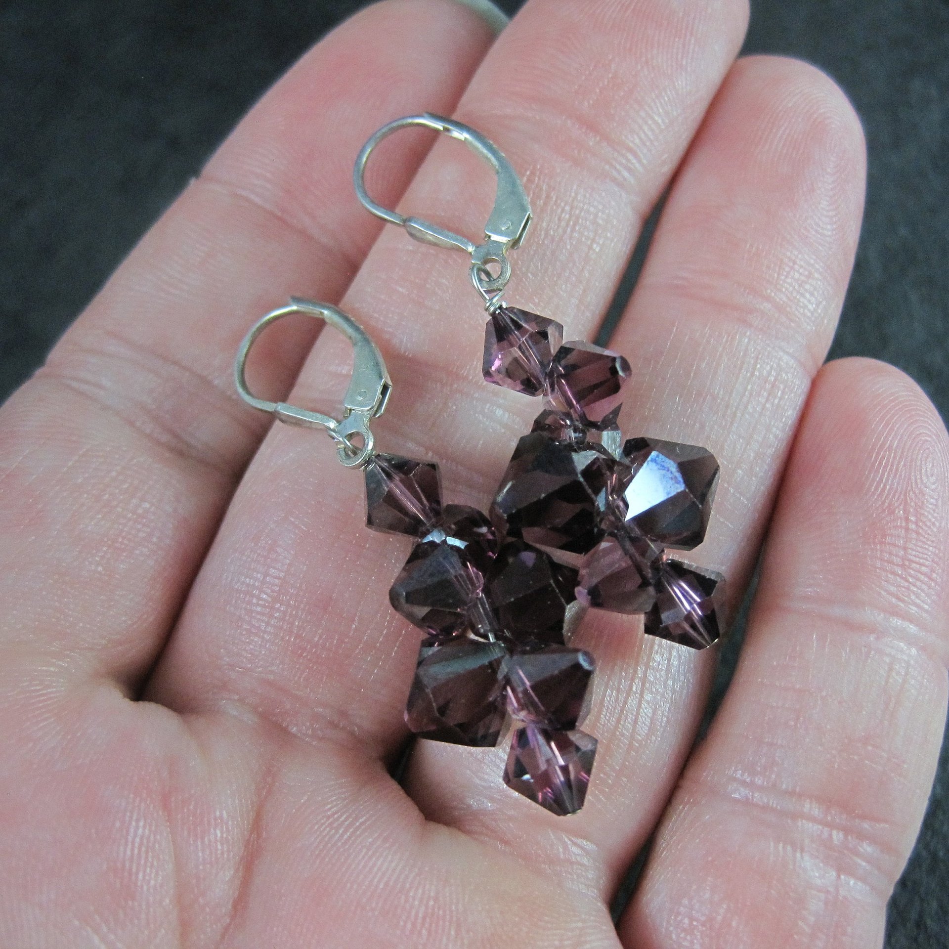 Sterling Purple Crystal Leverback Earrings