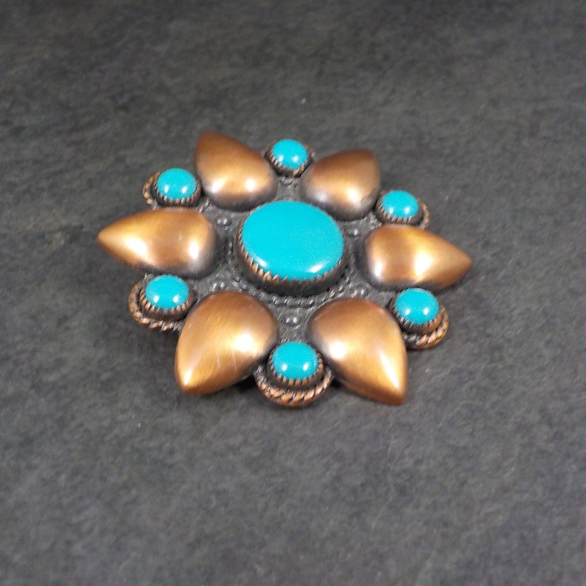 Vintage Copper Turquoise Brooch Bell Trading