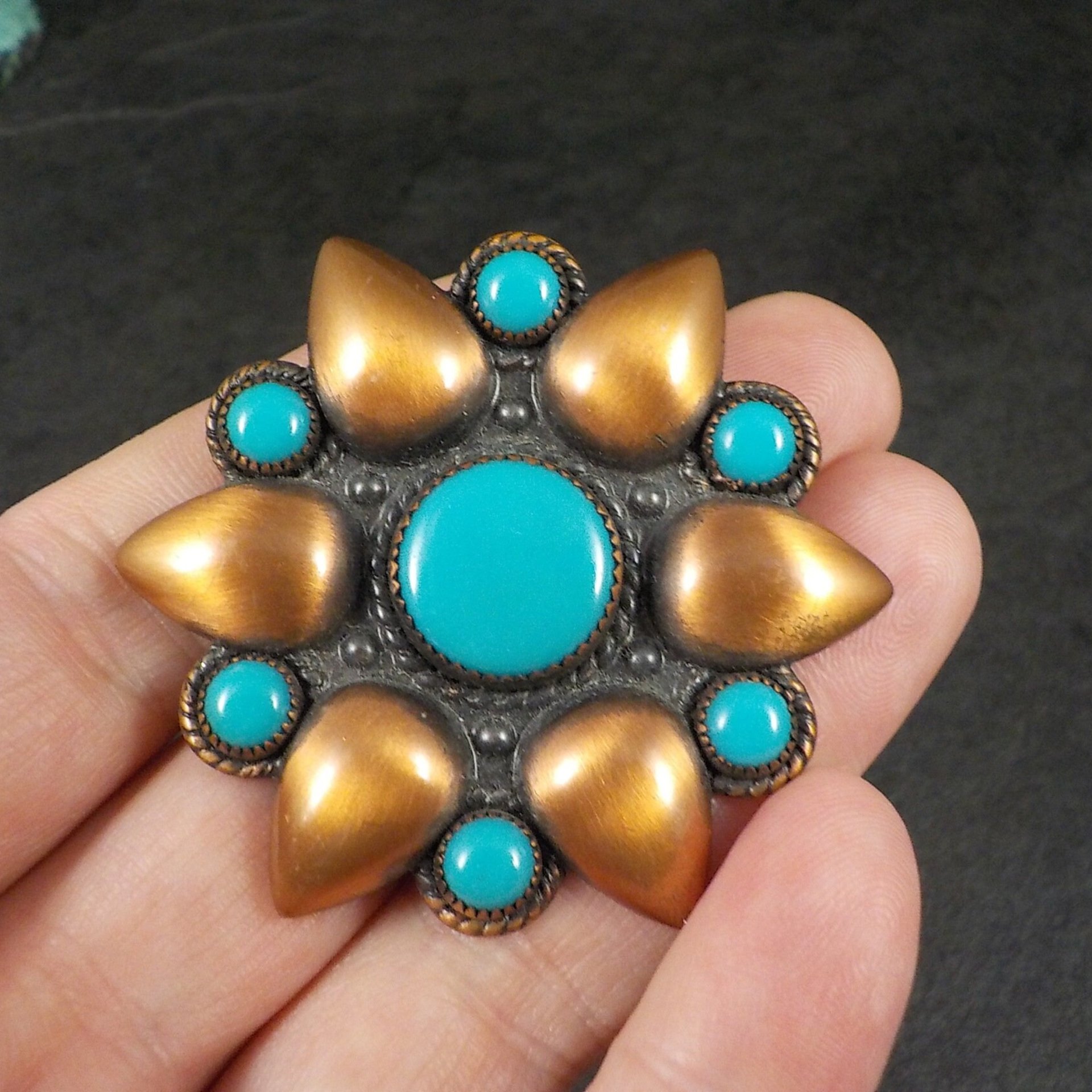 Vintage Copper Turquoise Brooch Bell Trading