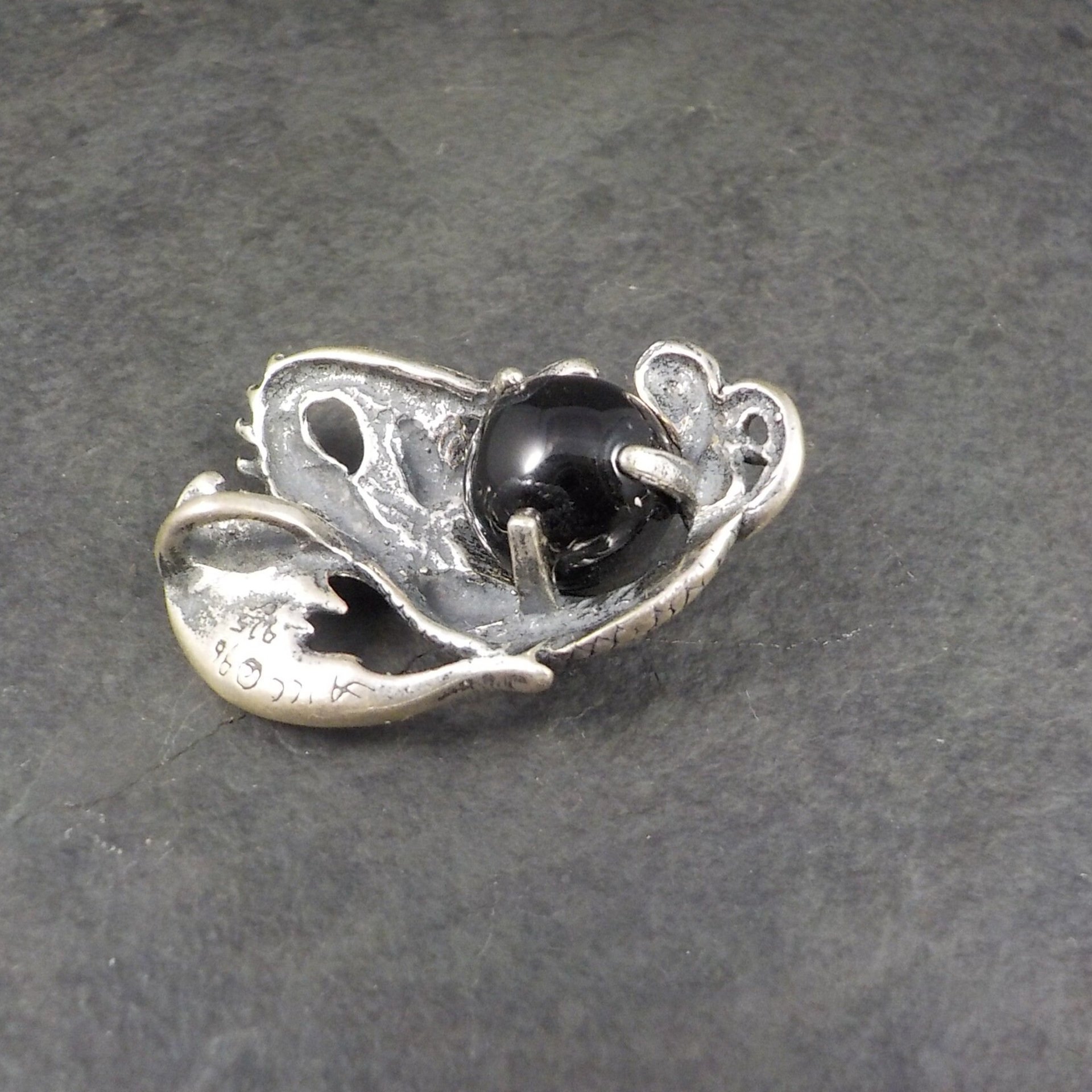 Vintage Sterling Silver Black Onyx Dragon Pendant