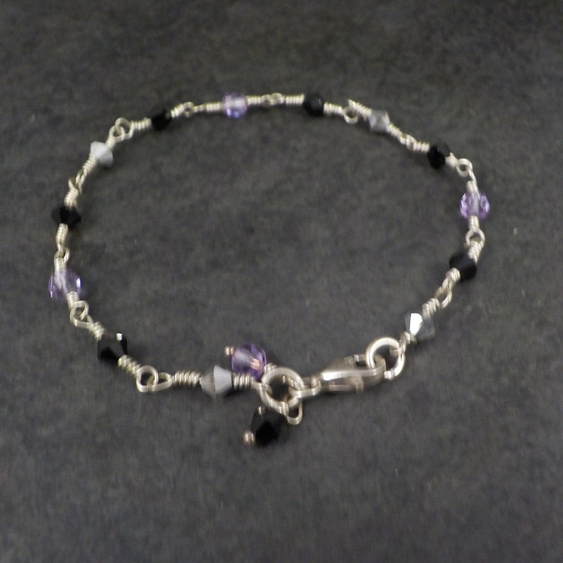 Dainty Sterling Black Purple Crystal Bracelet 7 Inches