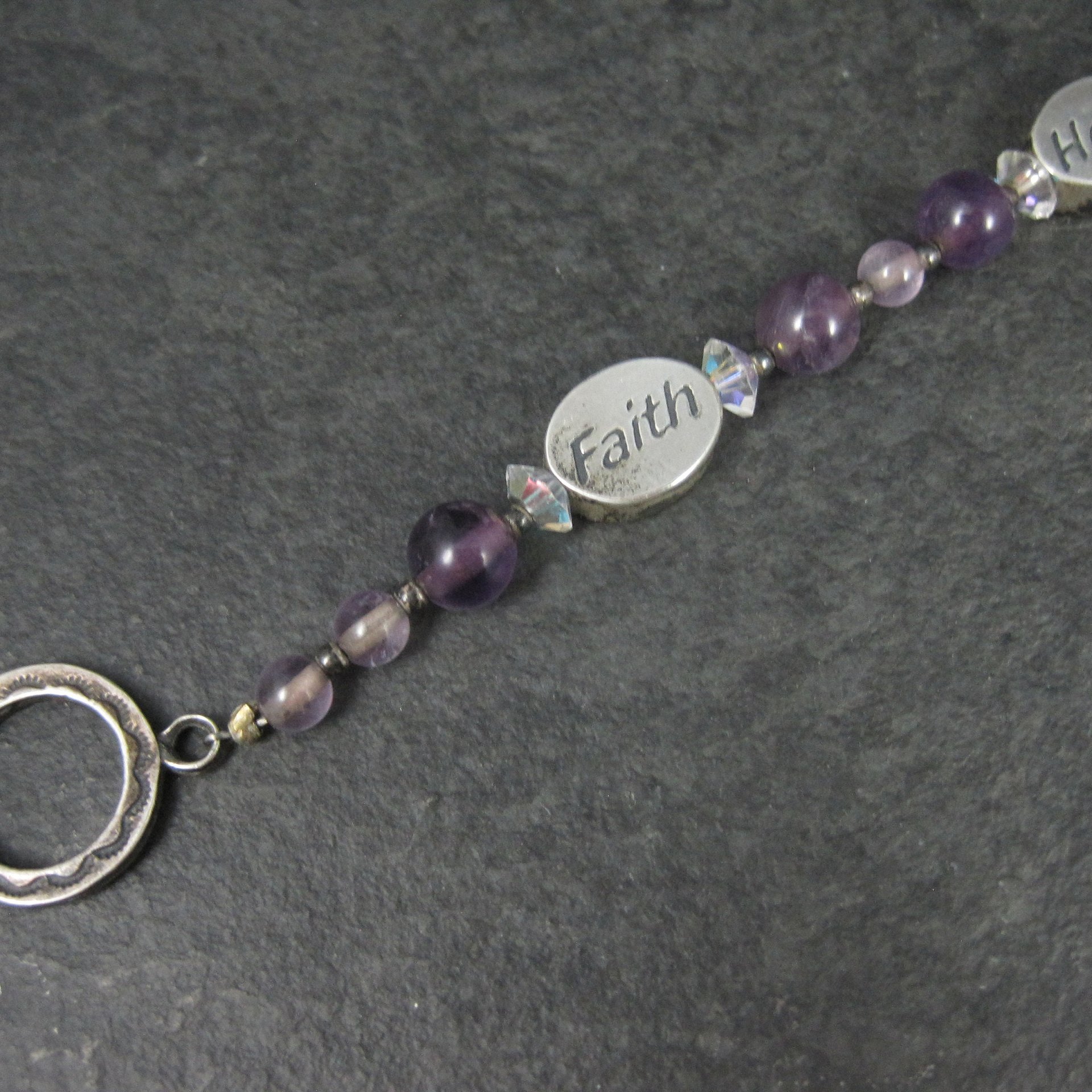 Estate Sterling Amethyst Faith Hope Love Toggle Bracelet 7.5 Inches