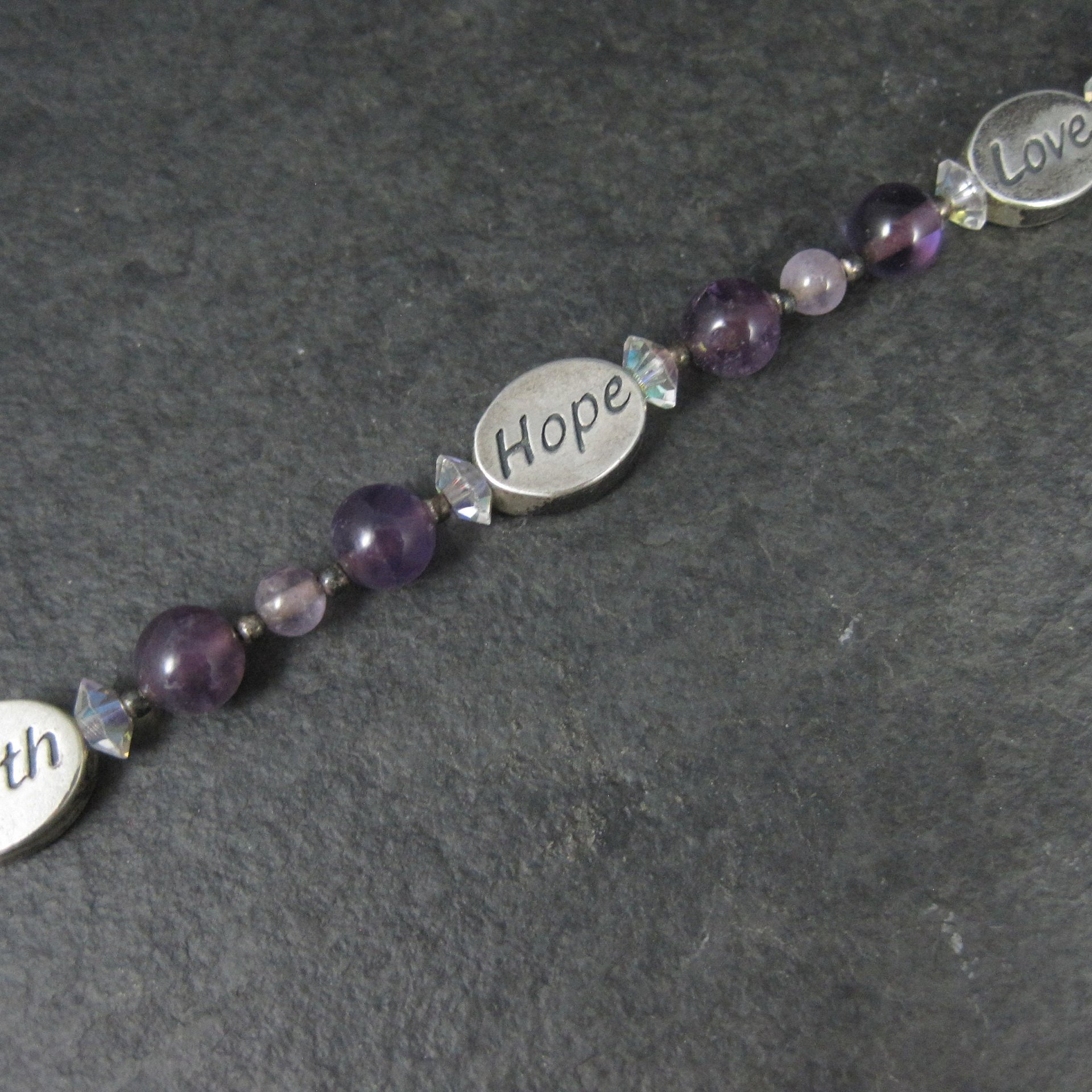 Estate Sterling Amethyst Faith Hope Love Toggle Bracelet 7.5 Inches