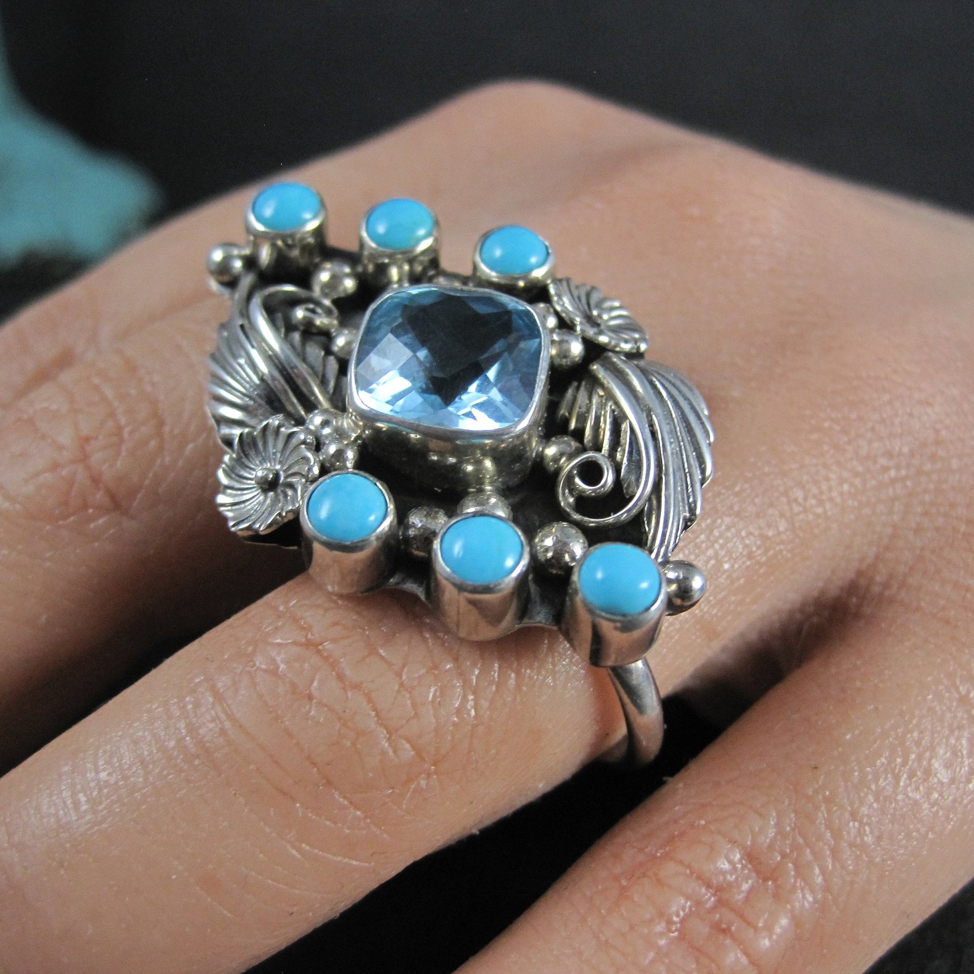 Southwestern Sterling Topaz Turquoise Two Finger Ring Sizes 9 and 8.5