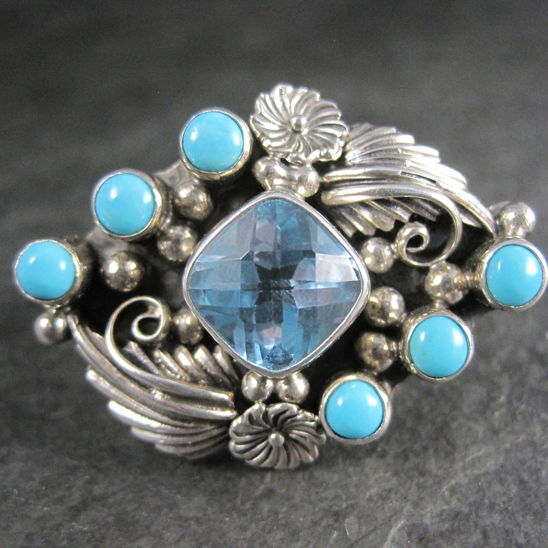 Southwestern Sterling Topaz Turquoise Two Finger Ring Sizes 9 and 8.5