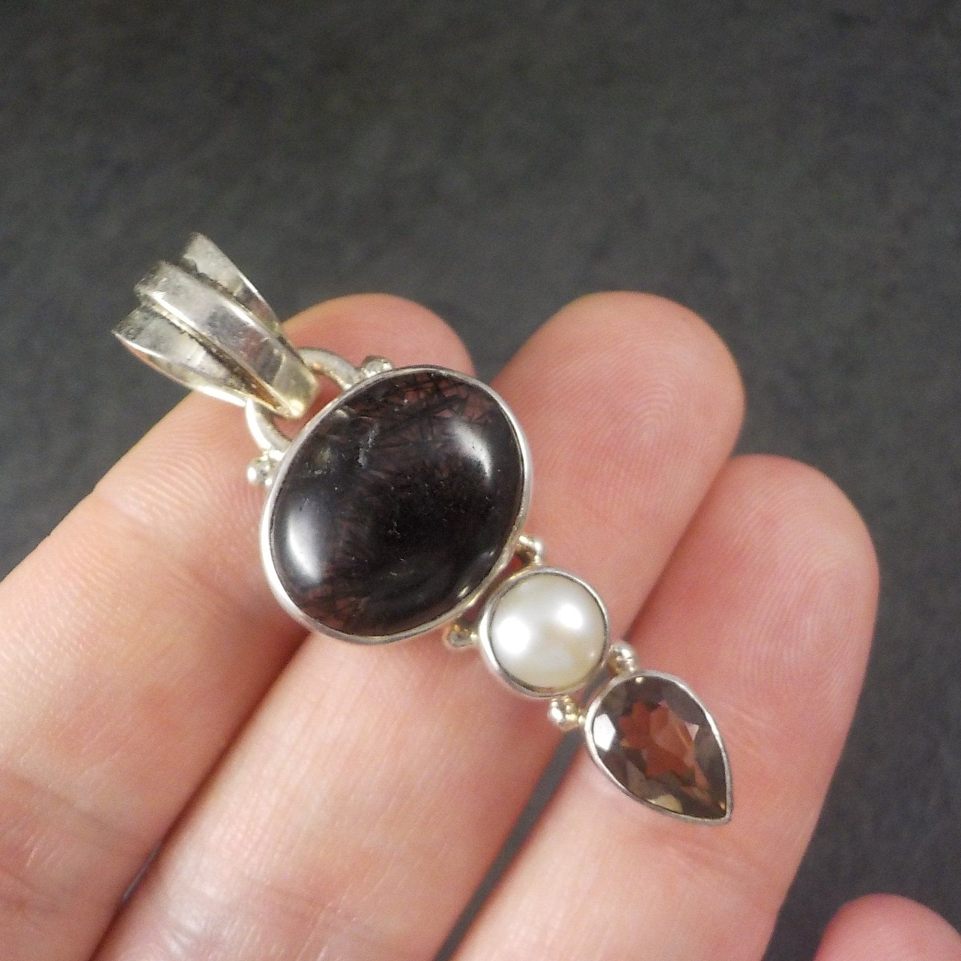 Vintage Sterling Rutilated Smoky Quartz Pearl Pendant