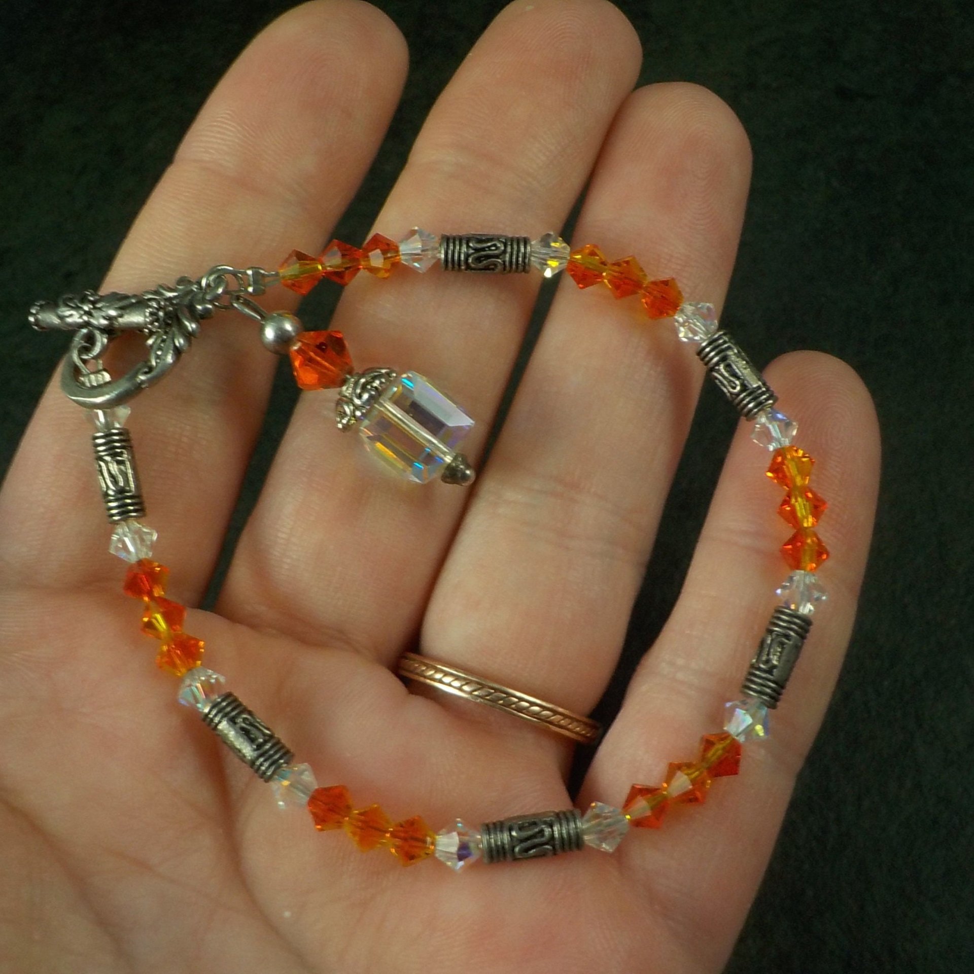 Sterling Orange Crystal Toggle Bracelet 7.25 Inches