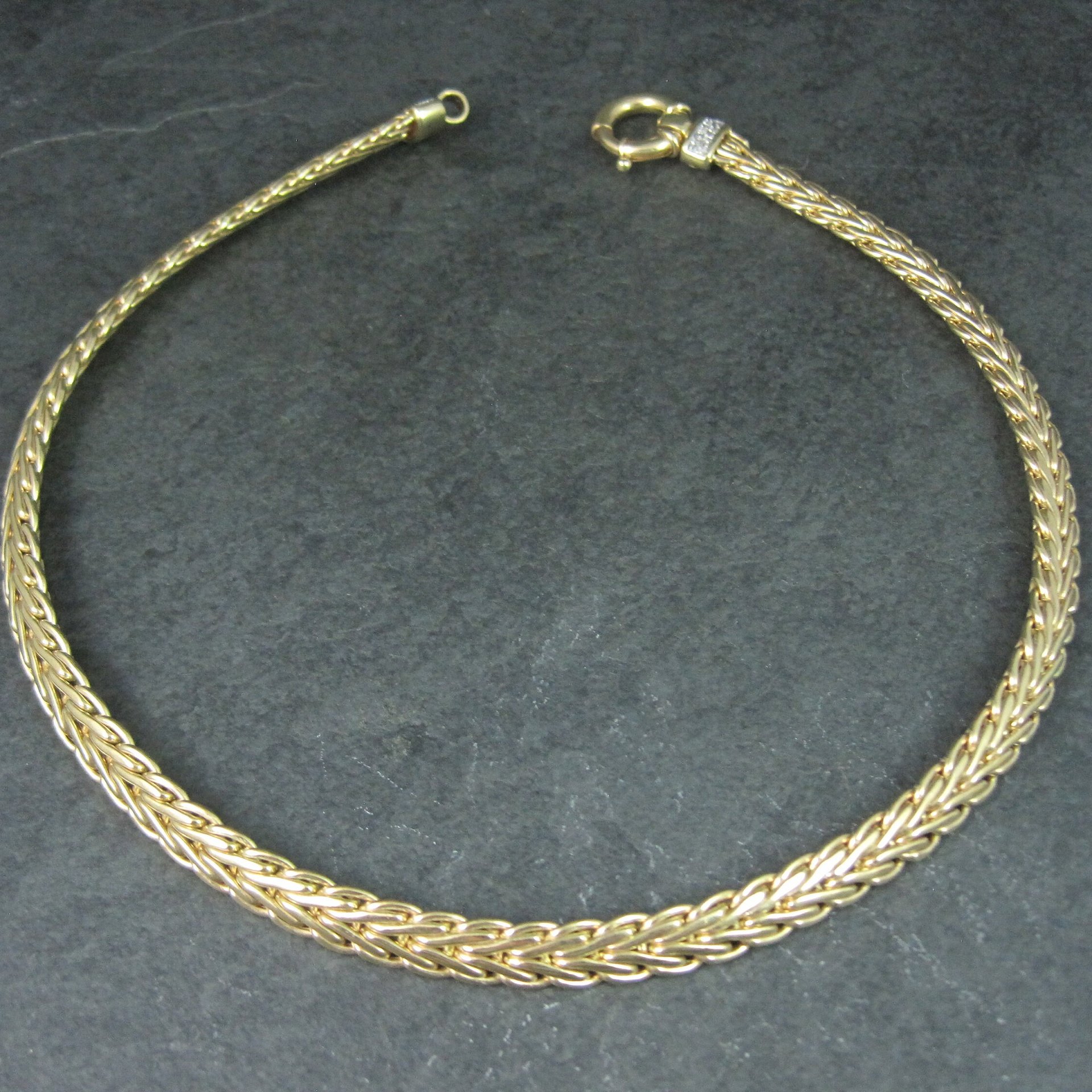 Italian 14K Yellow Gold and Diamond Wheat Chain Necklace 16.5 Inches