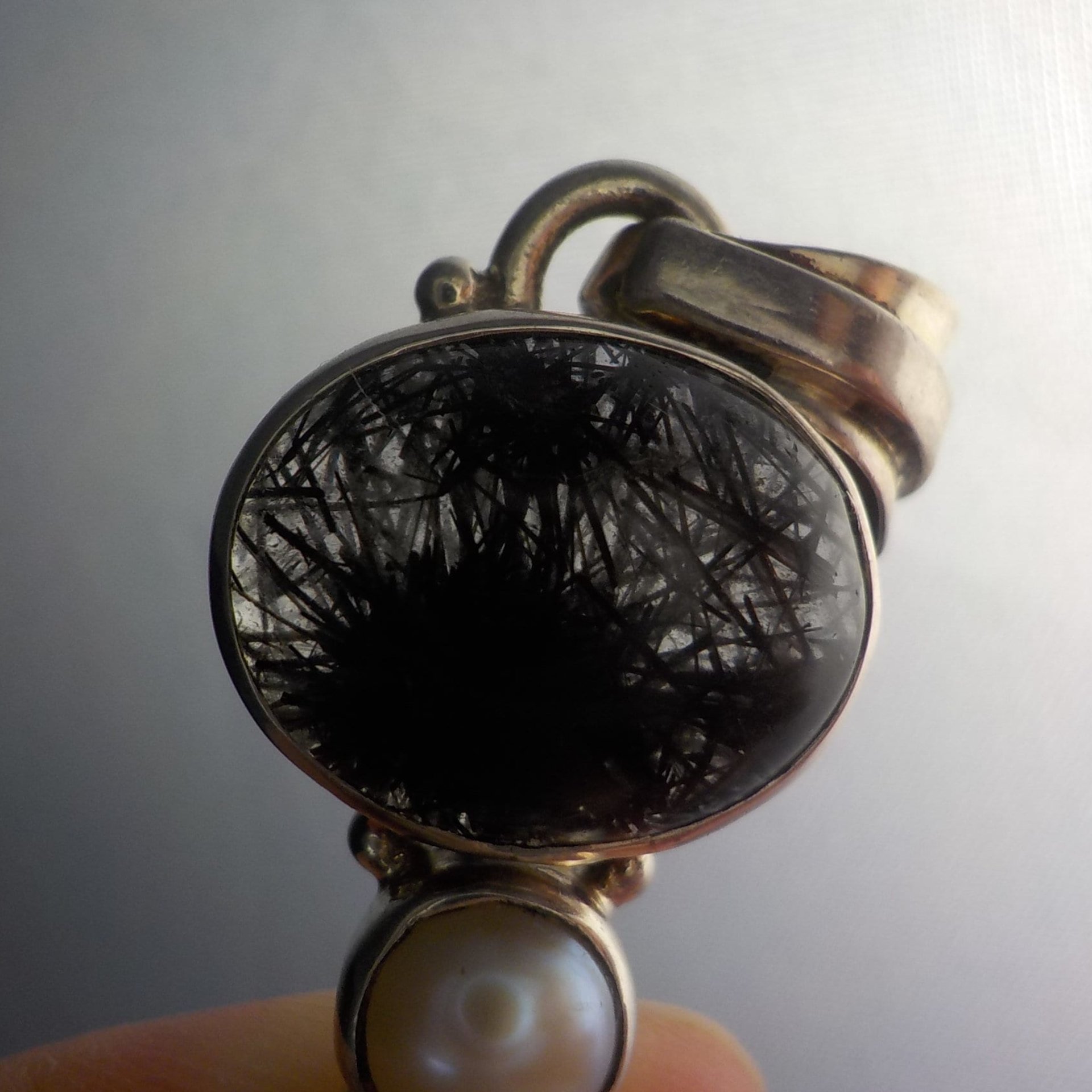 Vintage Sterling Rutilated Smoky Quartz Pearl Pendant