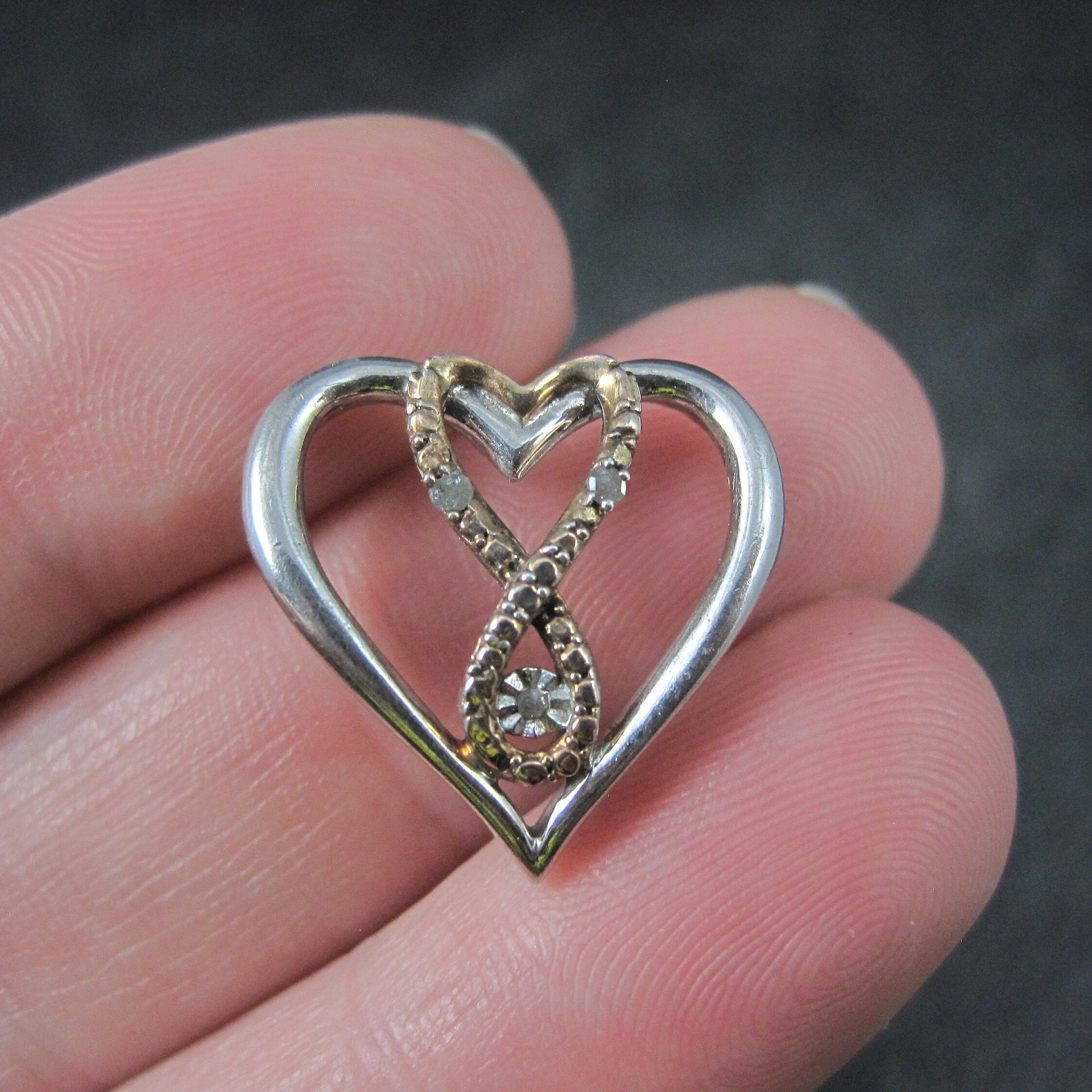 Vintage Vermeil Sterling Diamond Heart Pendant