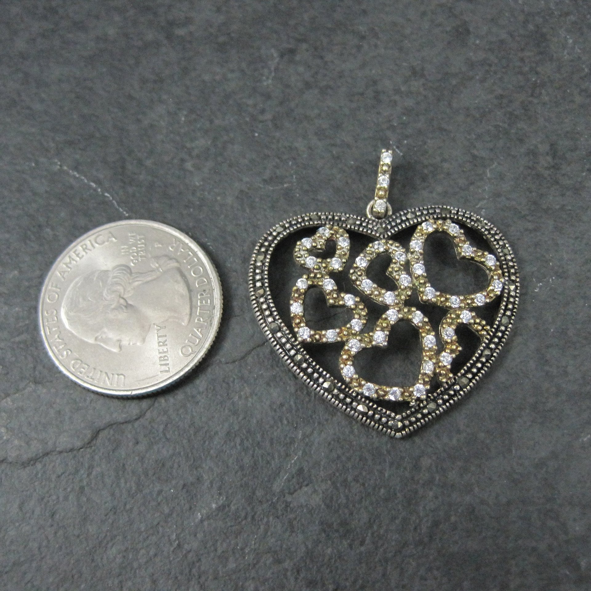 Large Sterling Cz Marcasite Heart Pendant