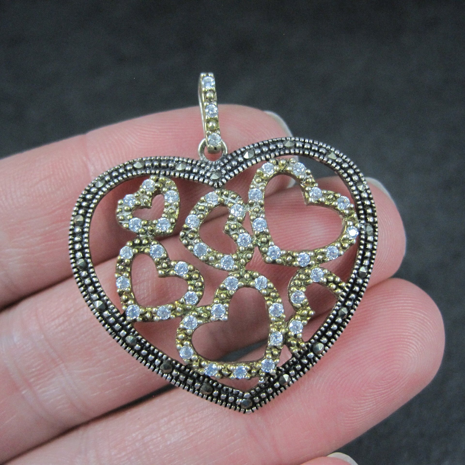 Large Sterling Cz Marcasite Heart Pendant