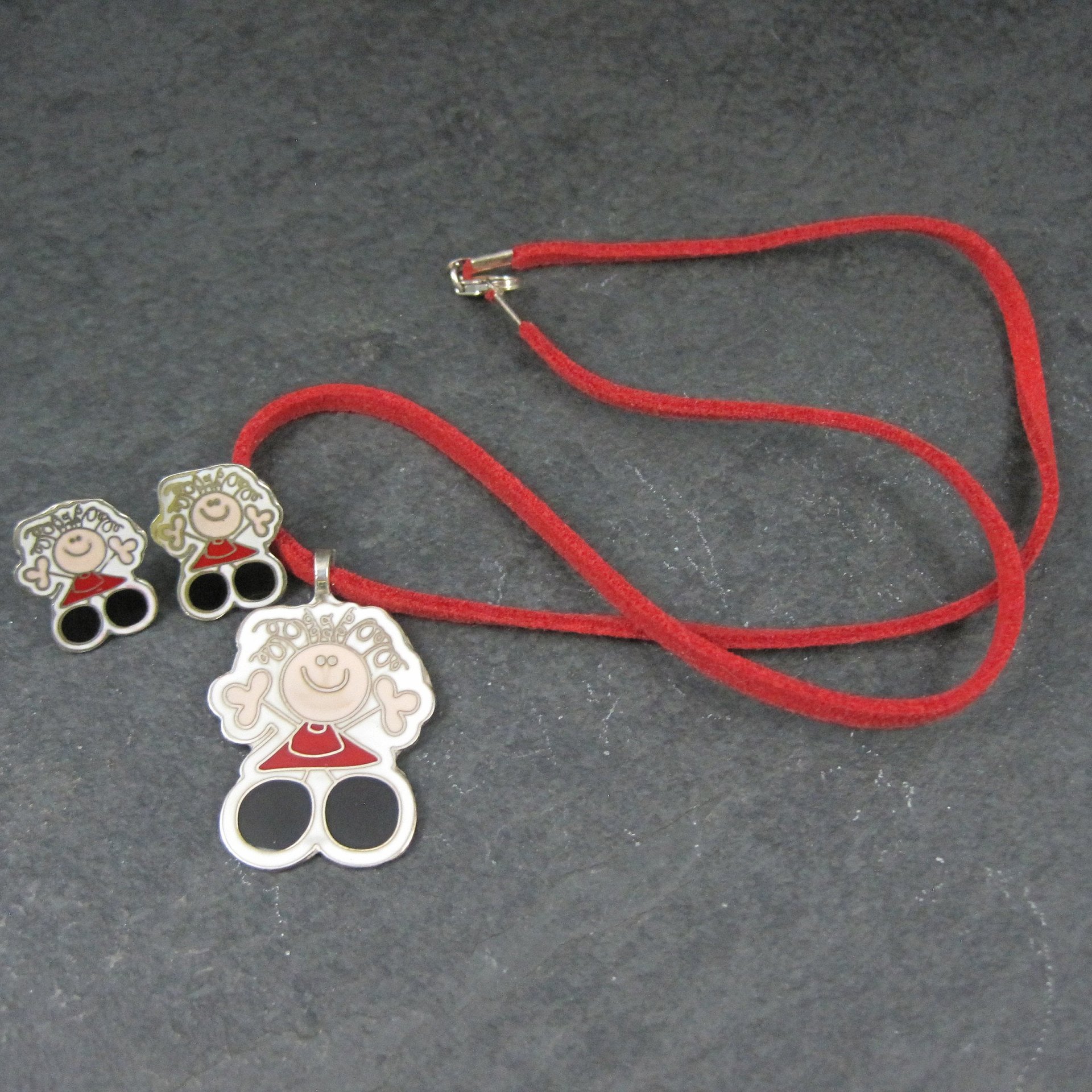Vintage Enamel Sterling Girl Necklace Earrings Jewelry Set