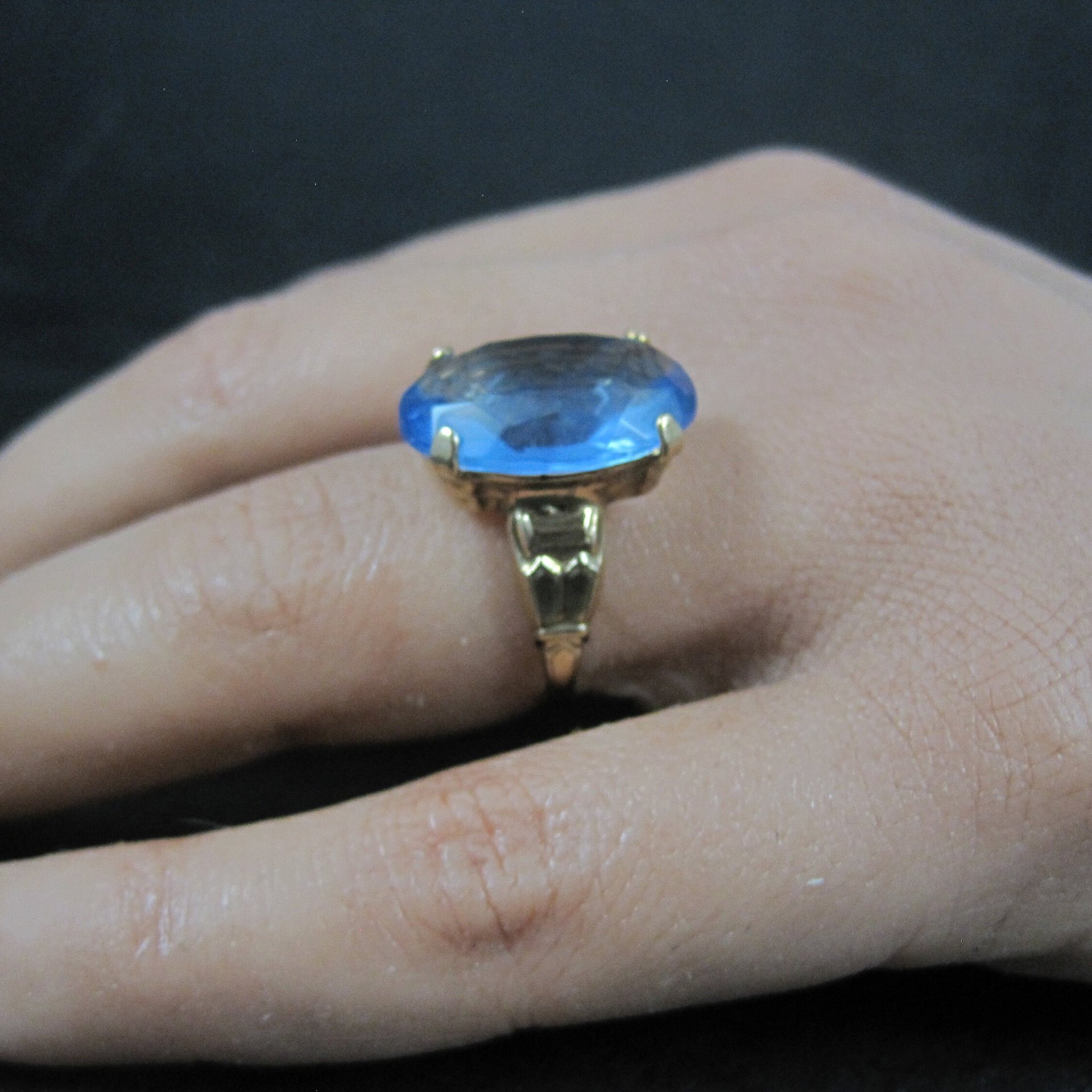 Antique Gold Filled Blue Glass Ring Size 6