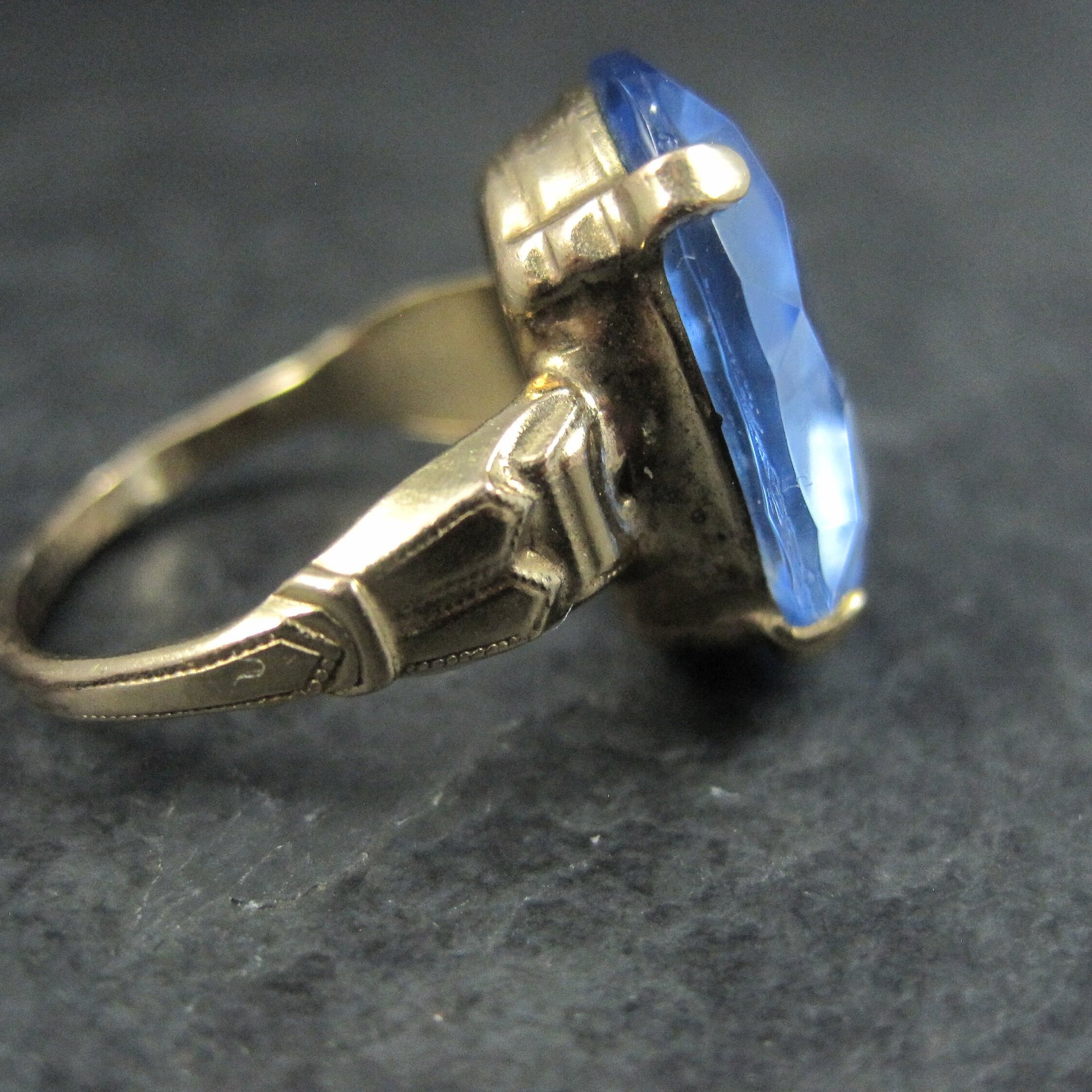 Antique Gold Filled Blue Glass Ring Size 6