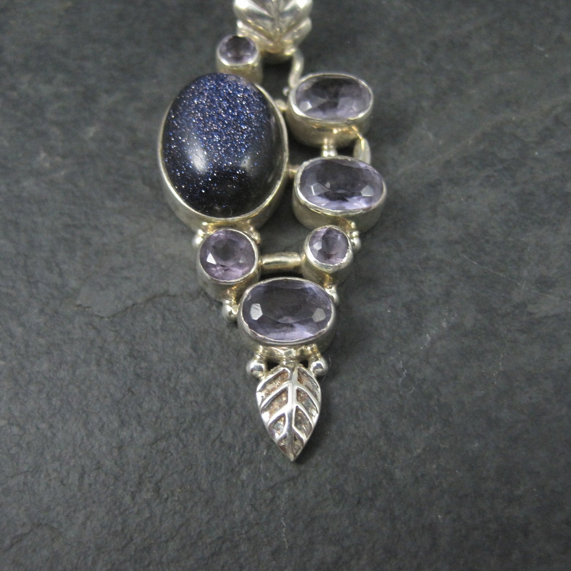 Large Sterling Blue Goldstone Amethyst Leaf Pendant