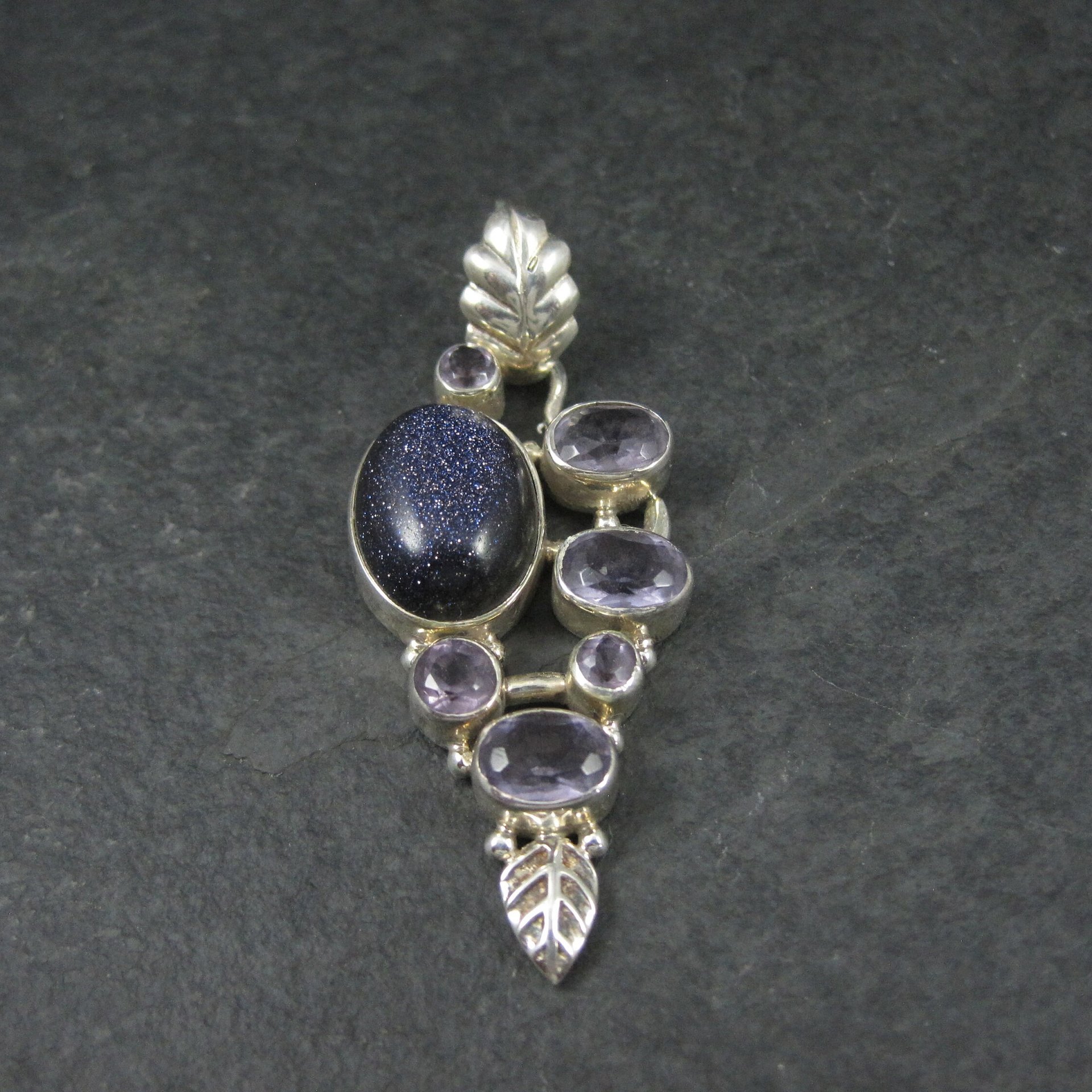 Large Sterling Blue Goldstone Amethyst Leaf Pendant