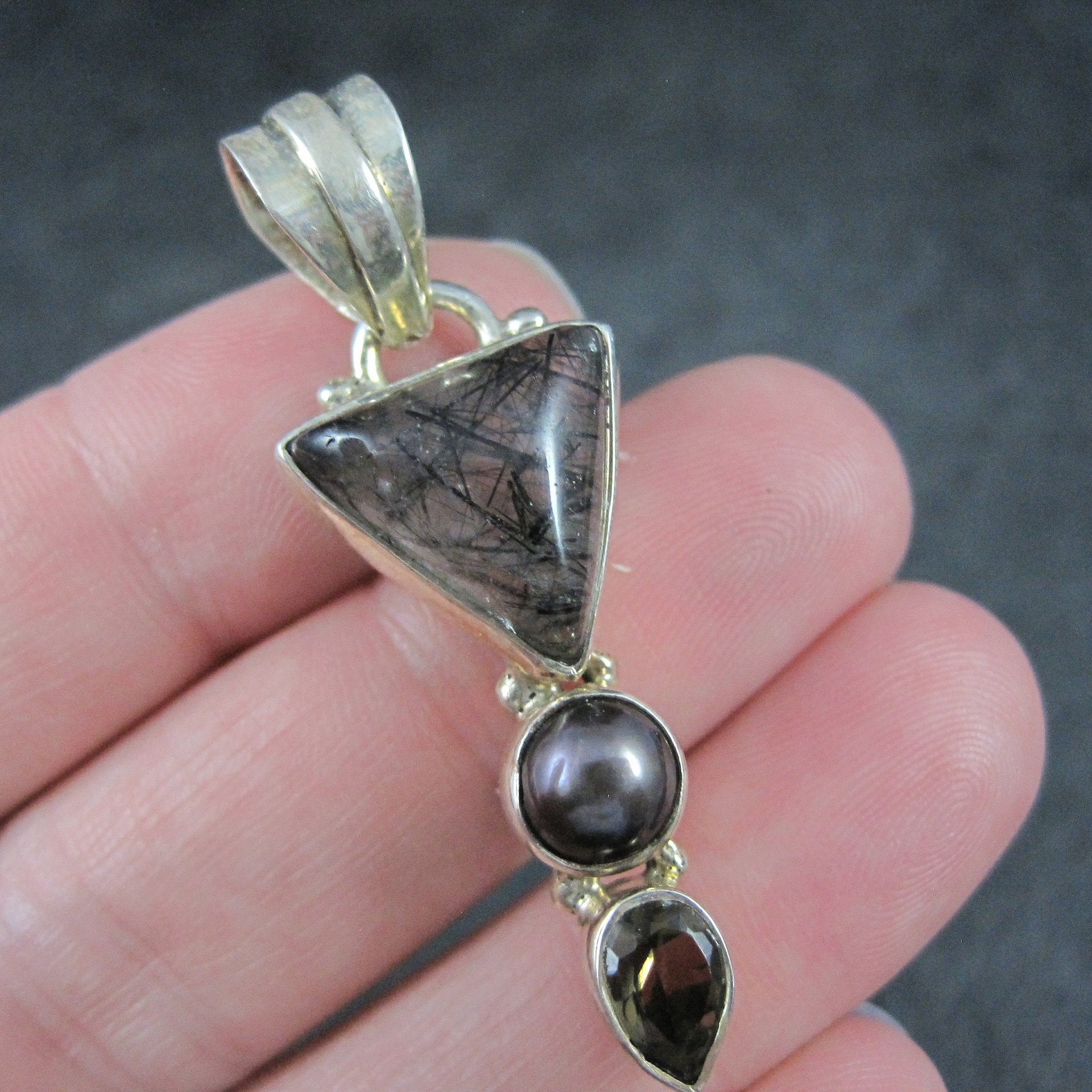 Vintage Sterling Rutilated Quartz Pearl Smoky Topaz Pendant