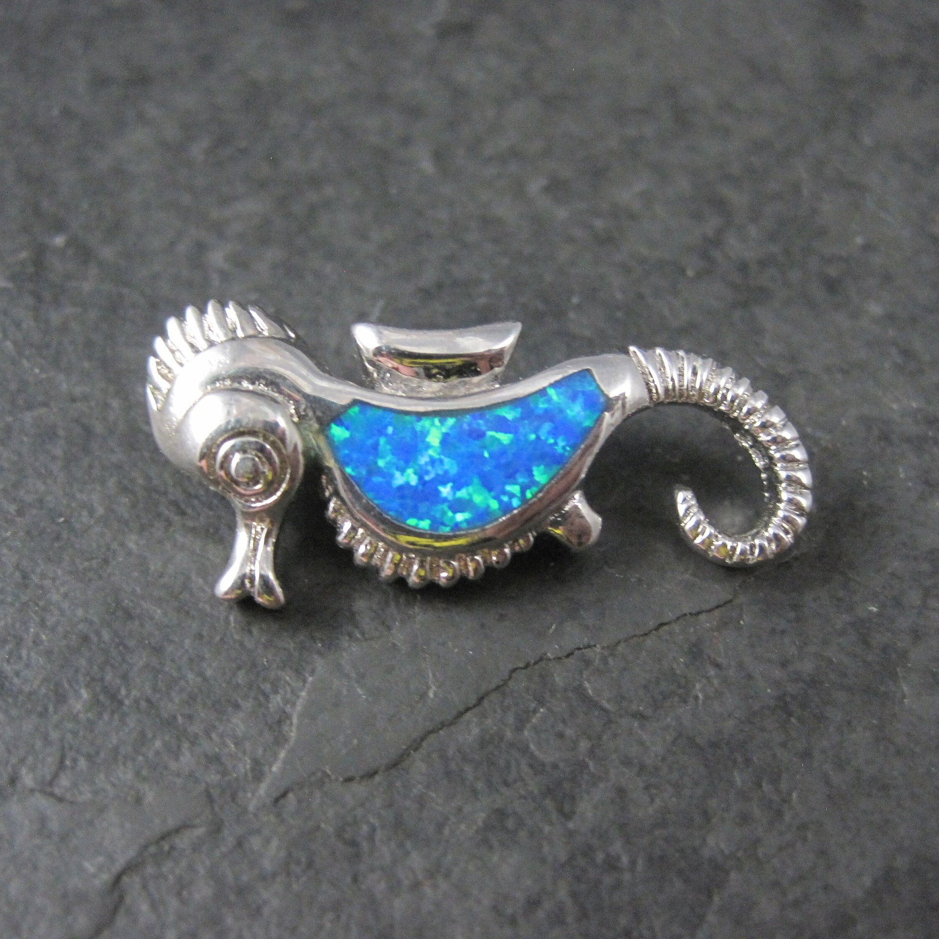 Vintage Sterling Blue Opal Seahorse Pendant