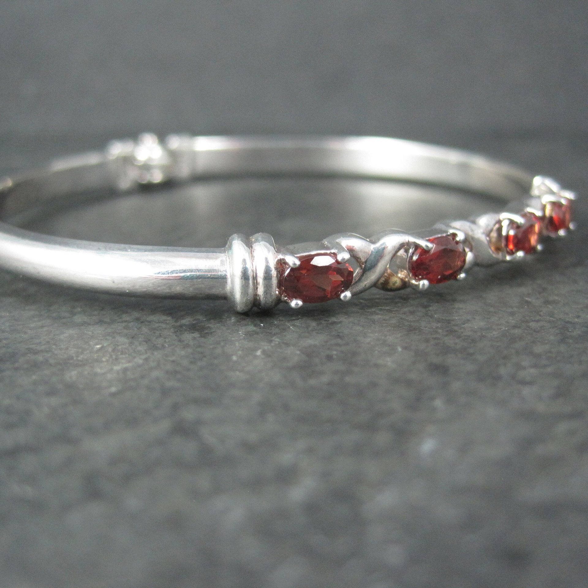 Vintage Sterling XO Garnet Bangle Bracelet 7.5 Inches