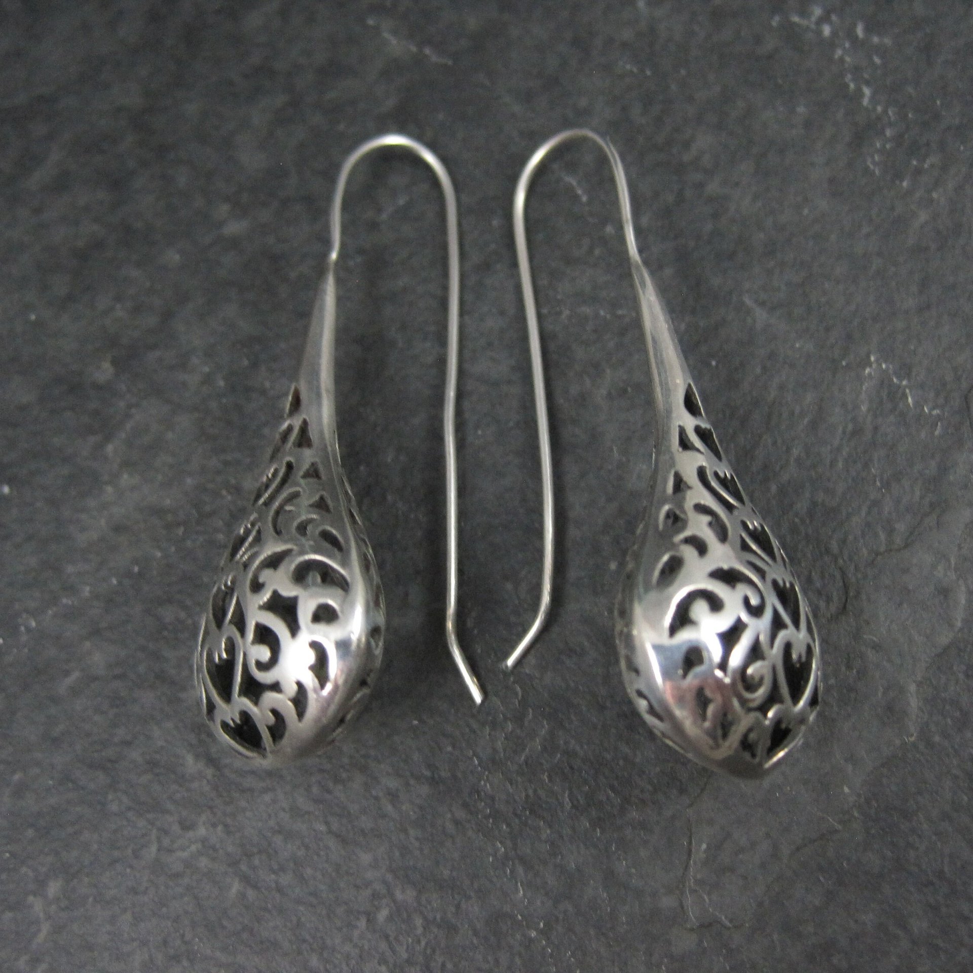 Large Sterling Filigree Heart Drop Earrings