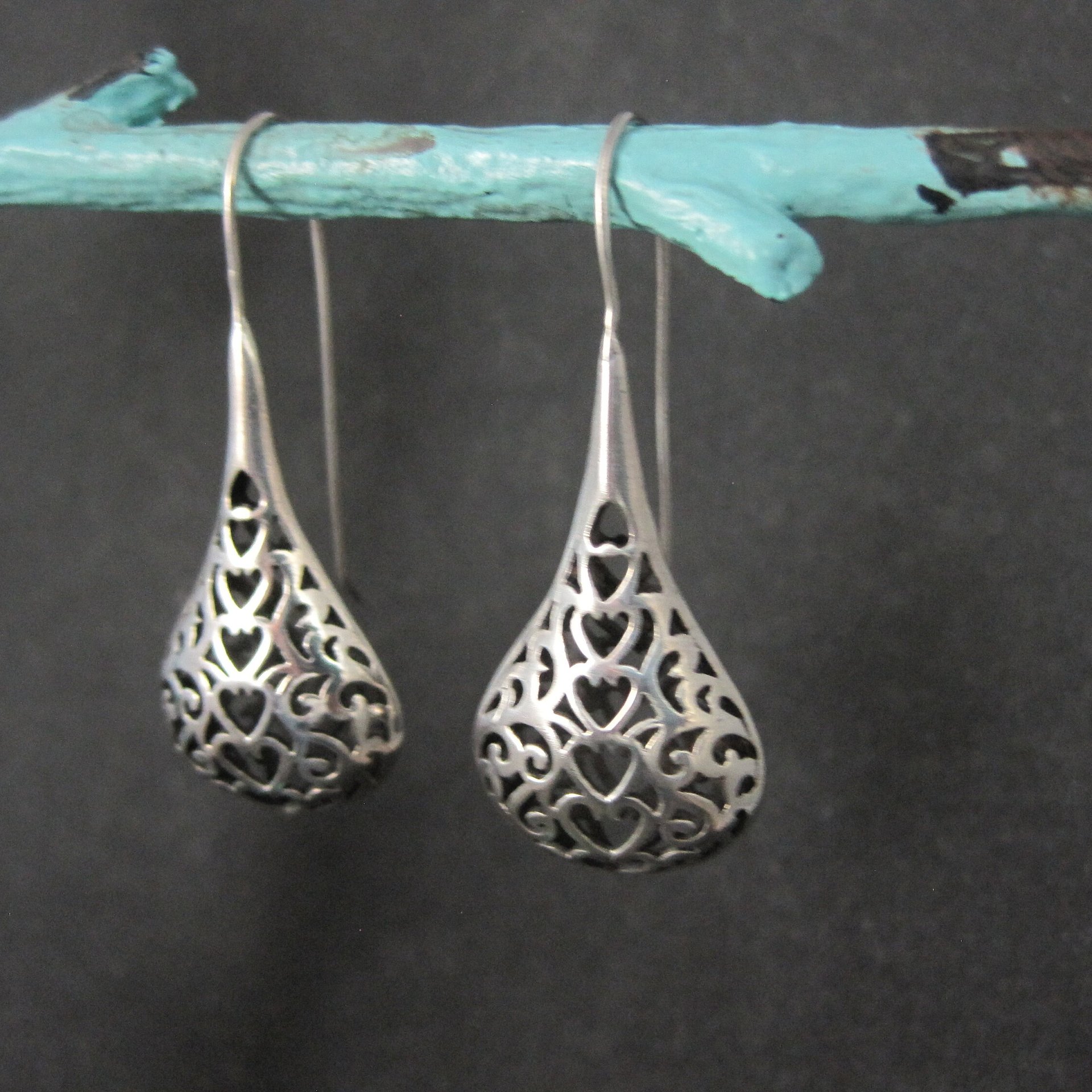 Large Sterling Filigree Heart Drop Earrings