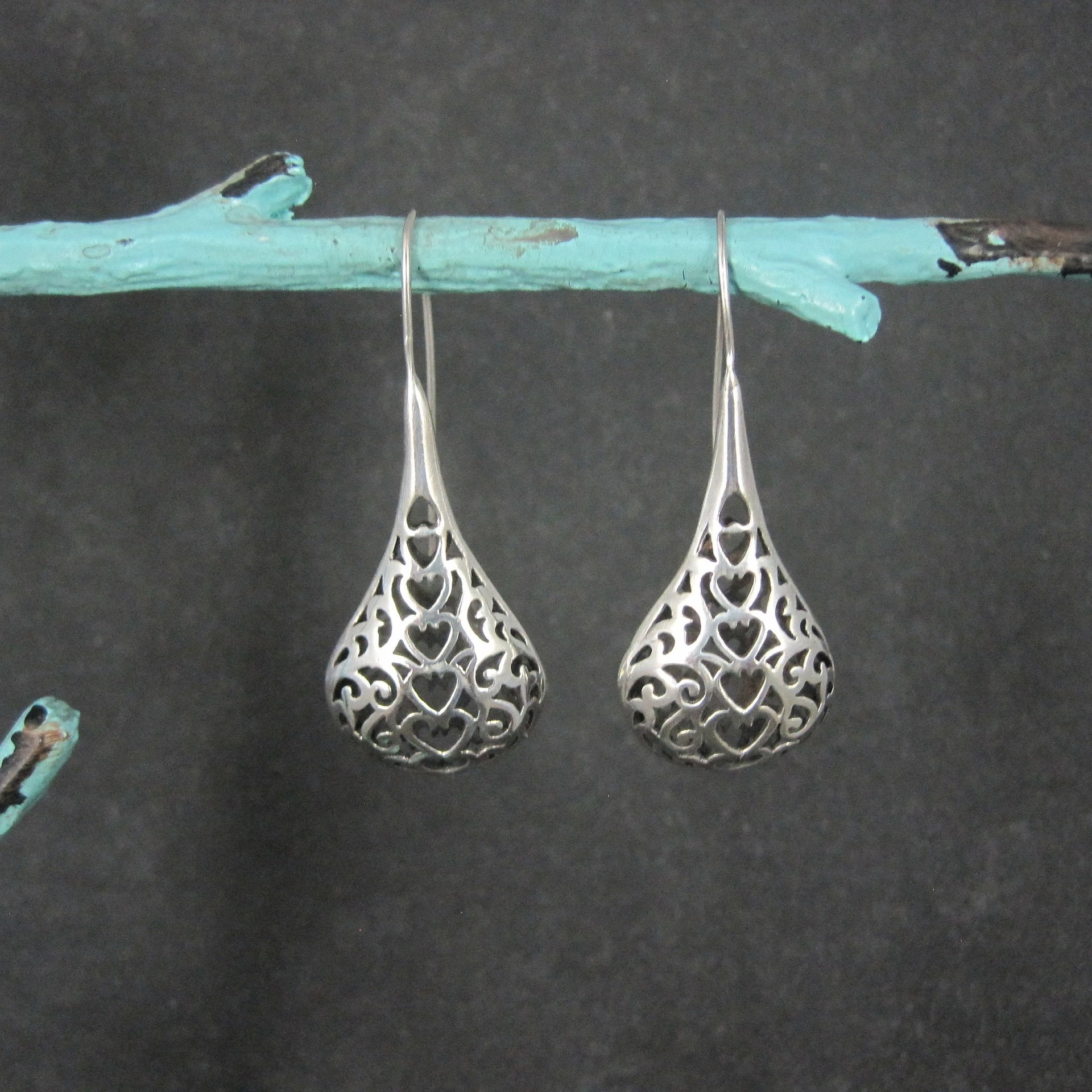 Large Sterling Filigree Heart Drop Earrings