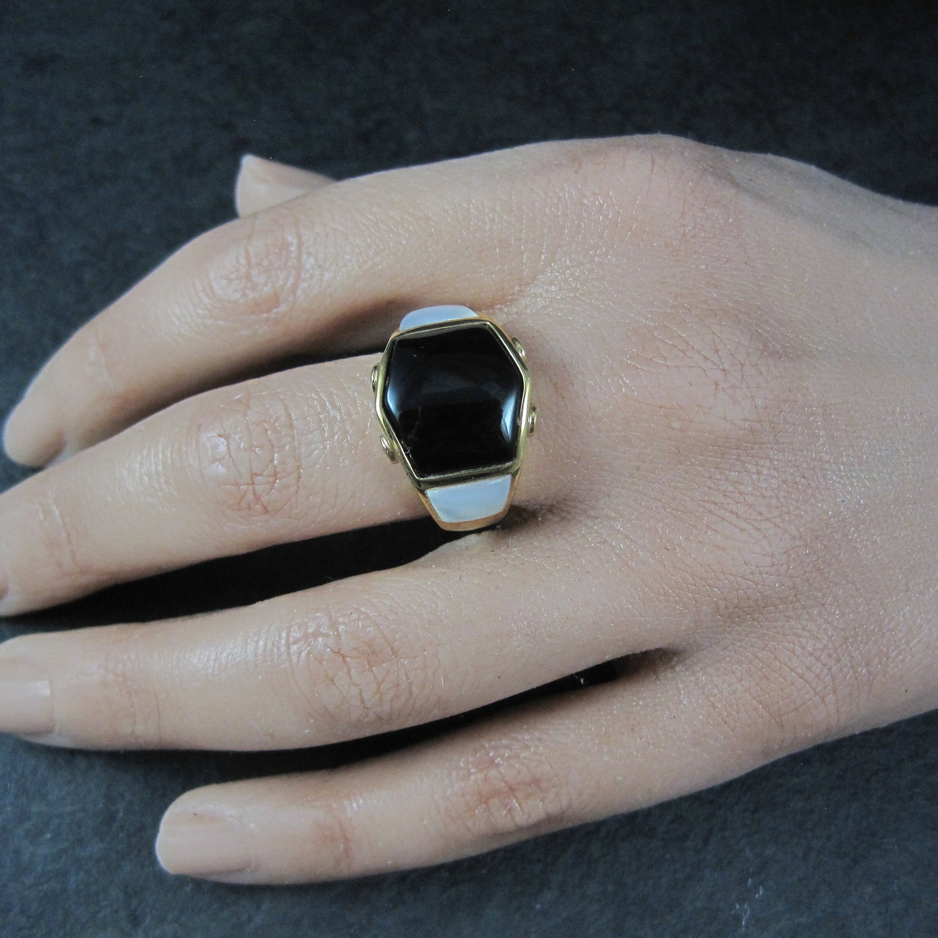 Vintage Vermeil Sterling Onyx Mother of Pearl Ring Size 8