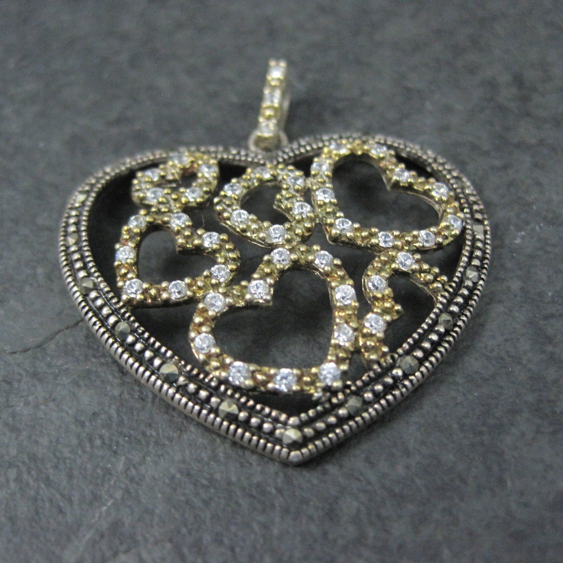 Large Sterling Cz Marcasite Heart Pendant