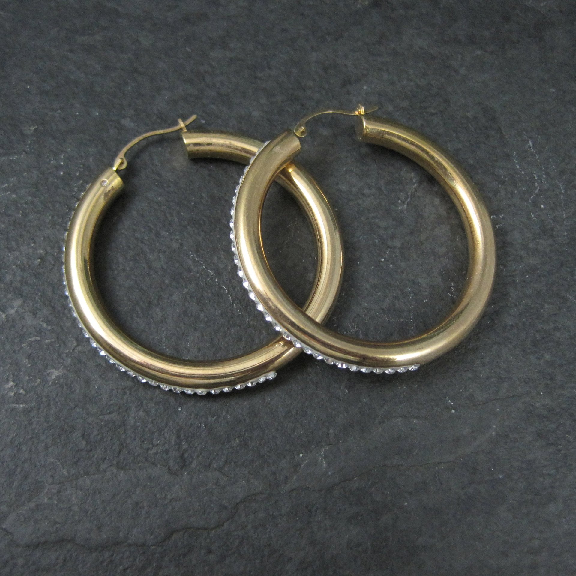 Vintage 14K Gold Crystal Latchback Hoop Earrings