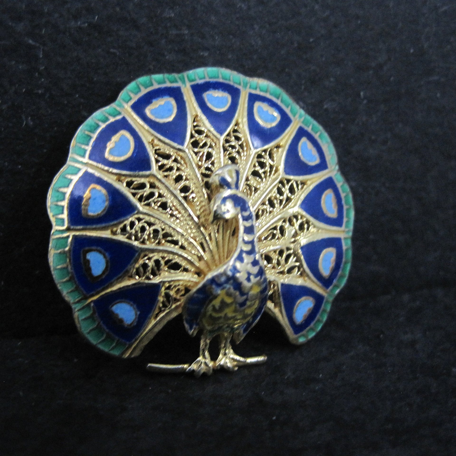 Vintage Gold Gilt Silver Enamel Peacock Brooch NOS