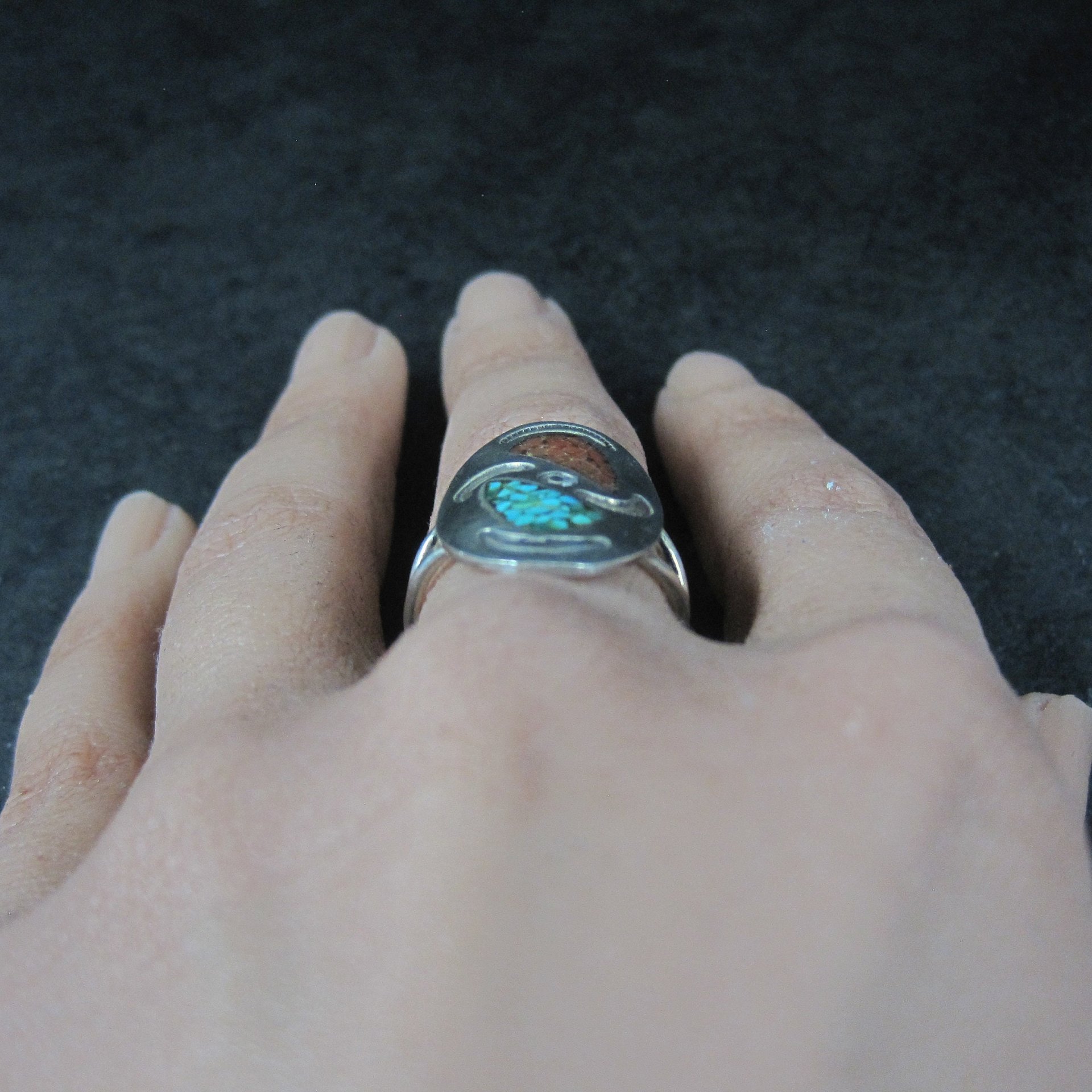 Southwestern Sterling Crushed Turquoise Coral Ring Size 7.5