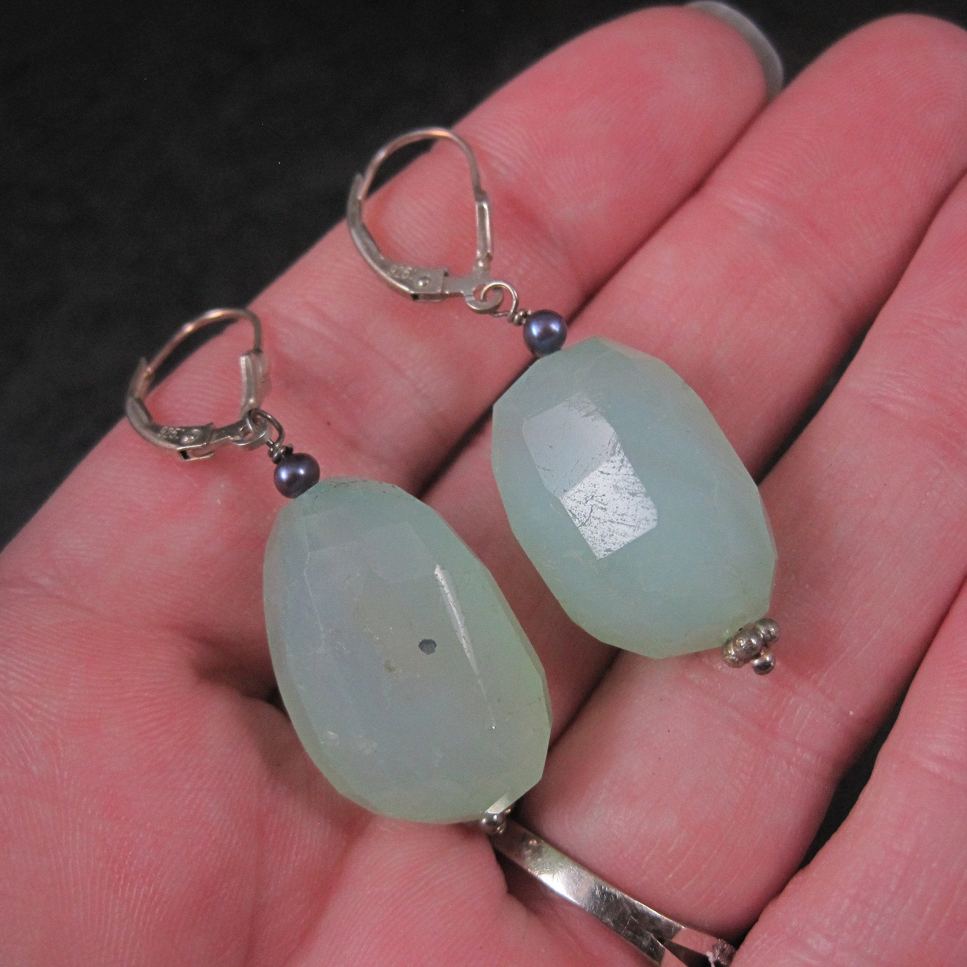 Vintage Sterling Leverback Chalcedony Pearl Earrings