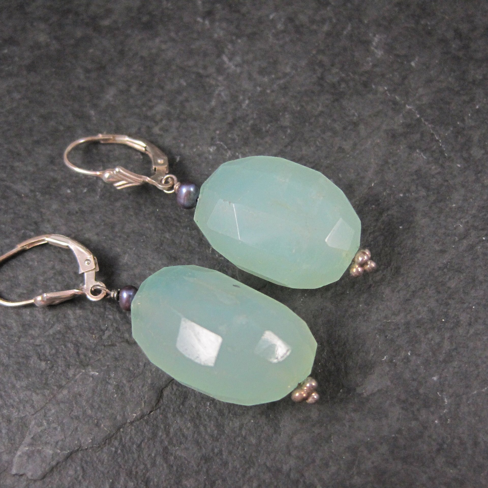 Vintage Sterling Leverback Chalcedony Pearl Earrings