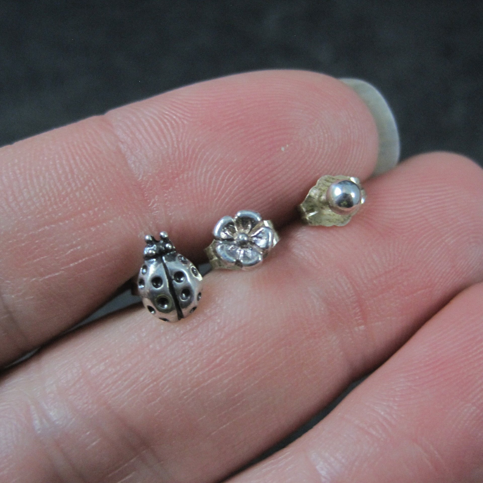 3 Hole Stud Earrings Ladybug Flower Ball Studs Sterling Avon