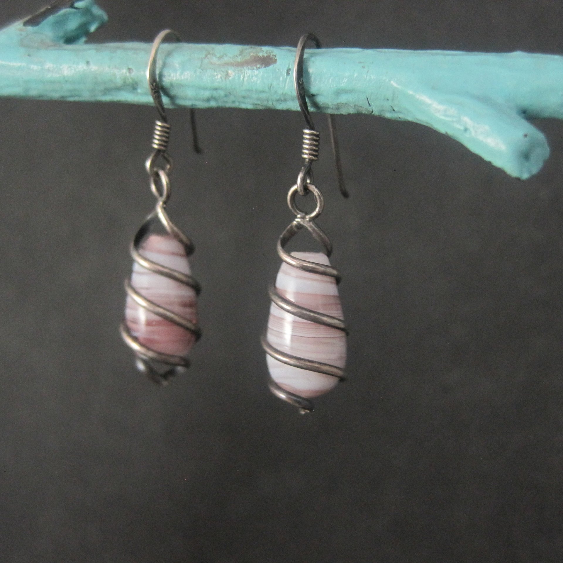 Sterling Purple Art Glass Wire Wrapped Earrings