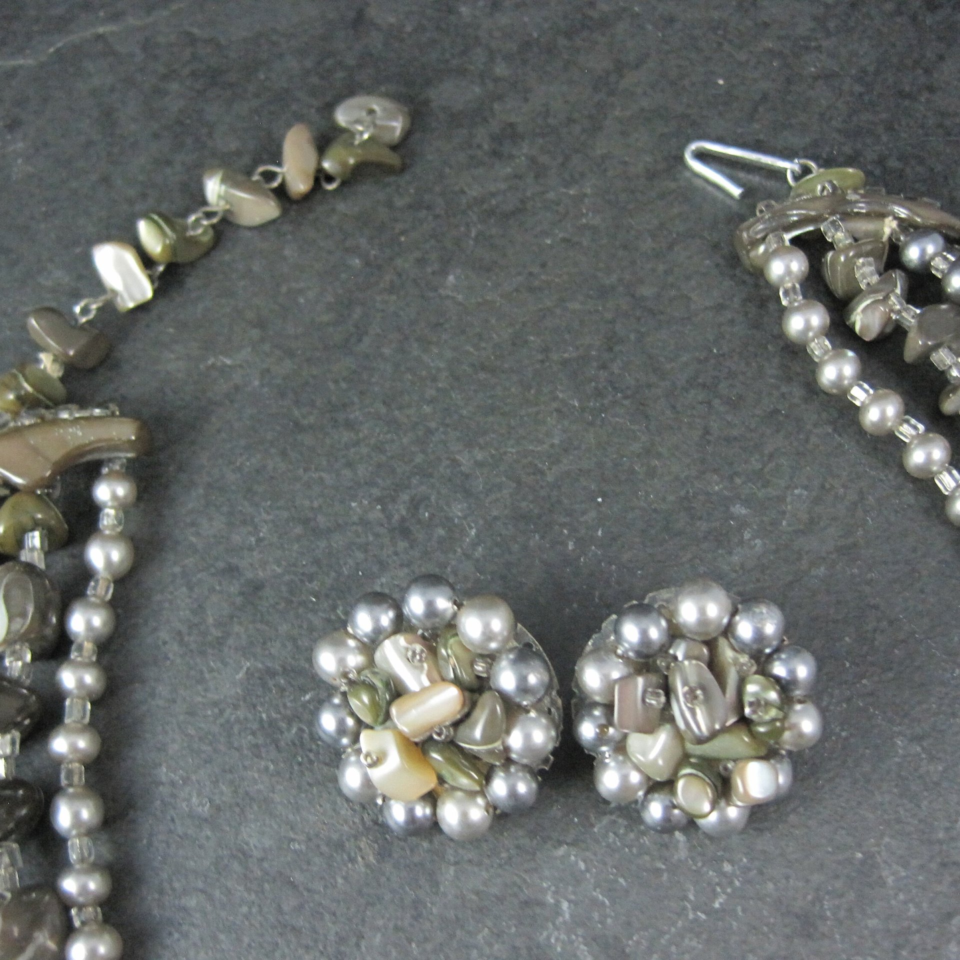 Vintage Mother of Pearl Shell 4 Strand Necklace & Earrings Jewelry Set Japan