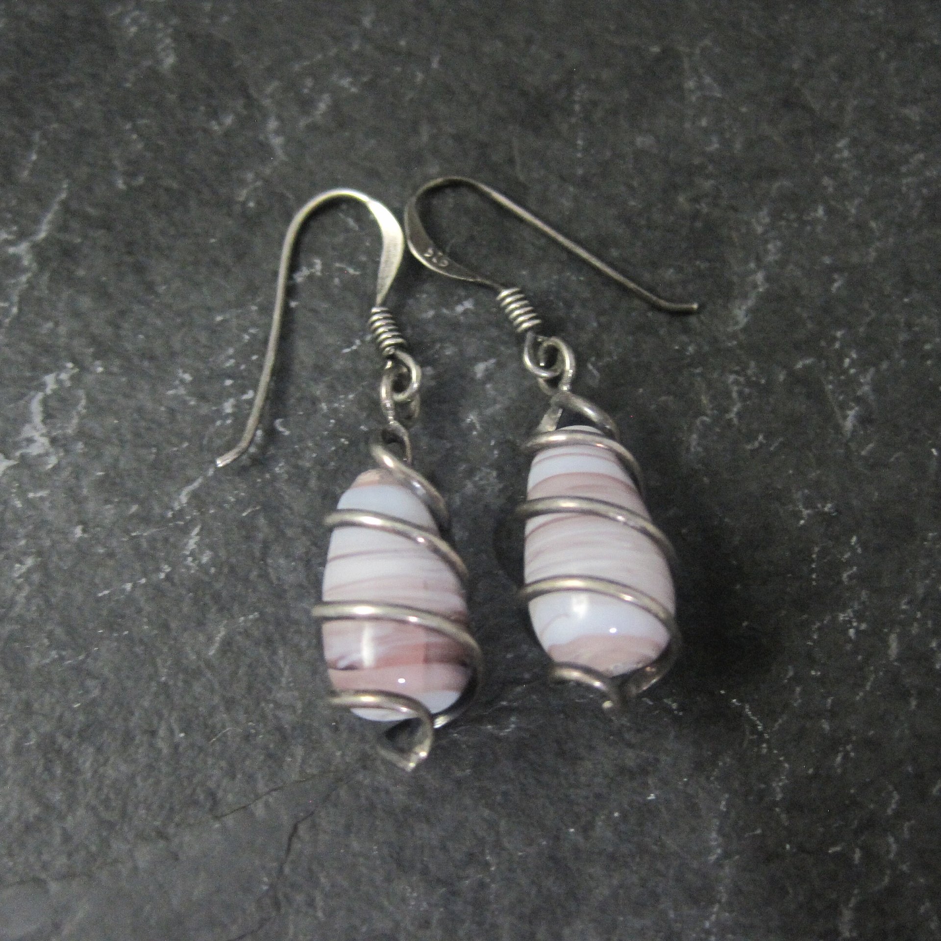 Sterling Purple Art Glass Wire Wrapped Earrings