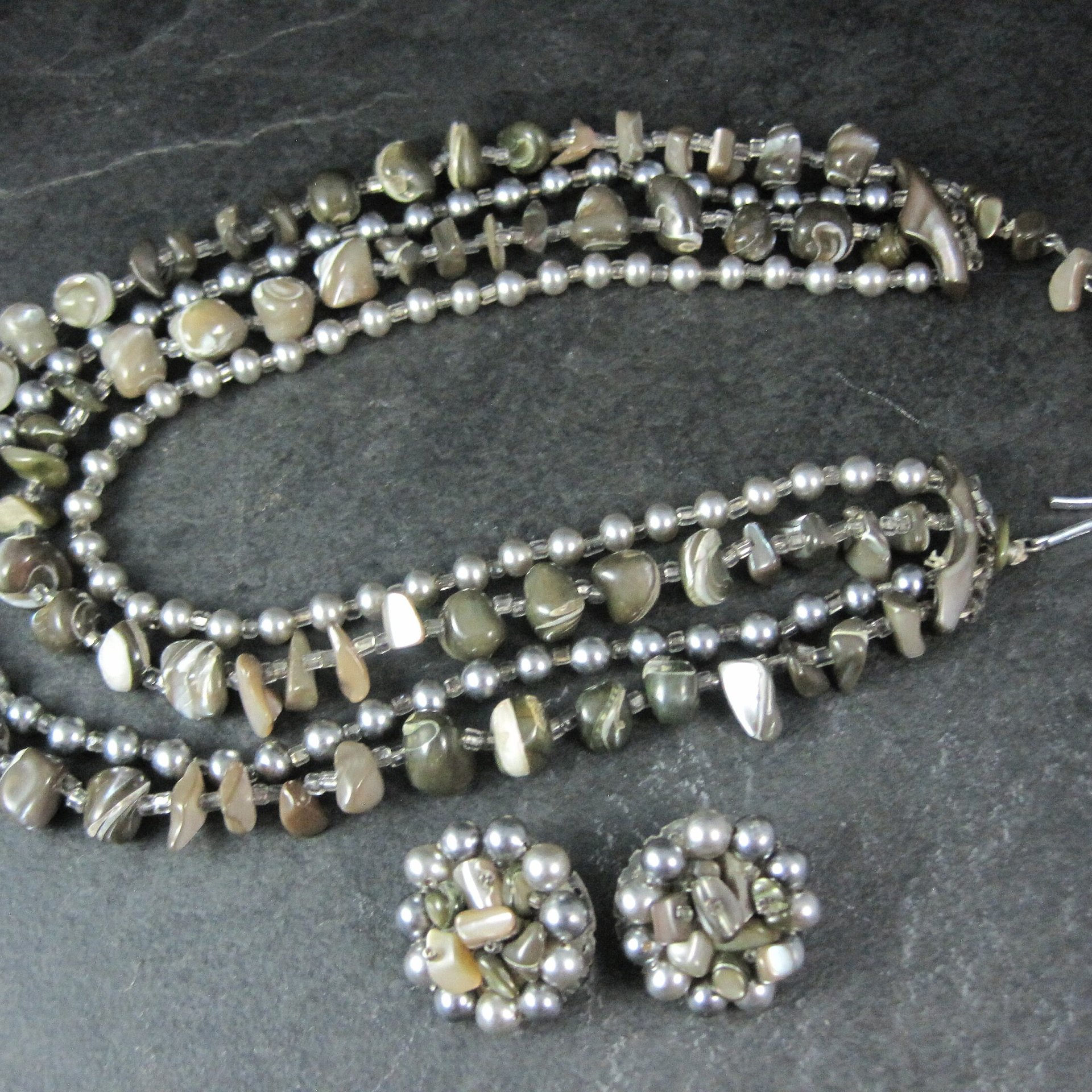 Vintage Mother of Pearl Shell 4 Strand Necklace & Earrings Jewelry Set Japan