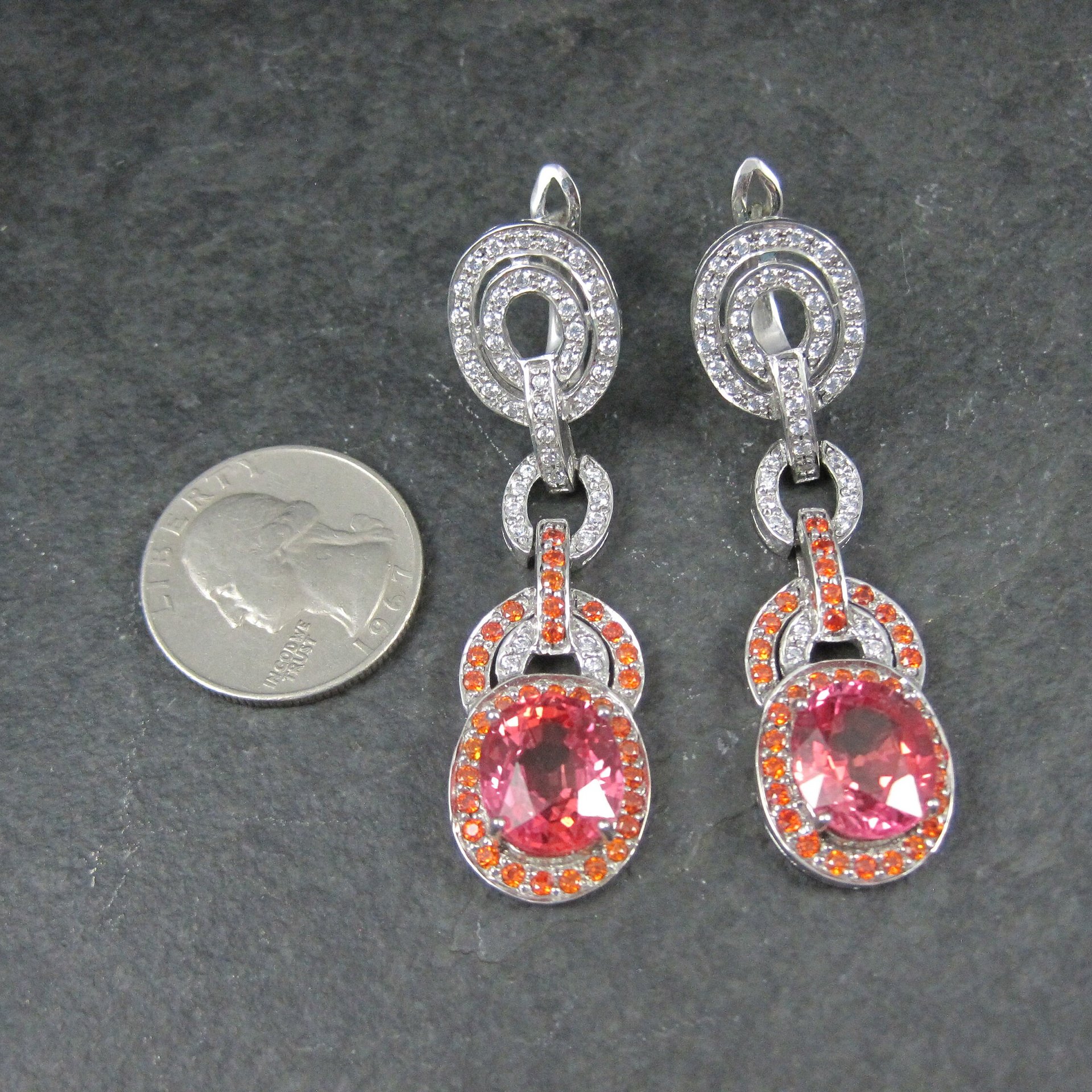 Huge Estate Sterling Pink Sapphire Latch Back Earrings