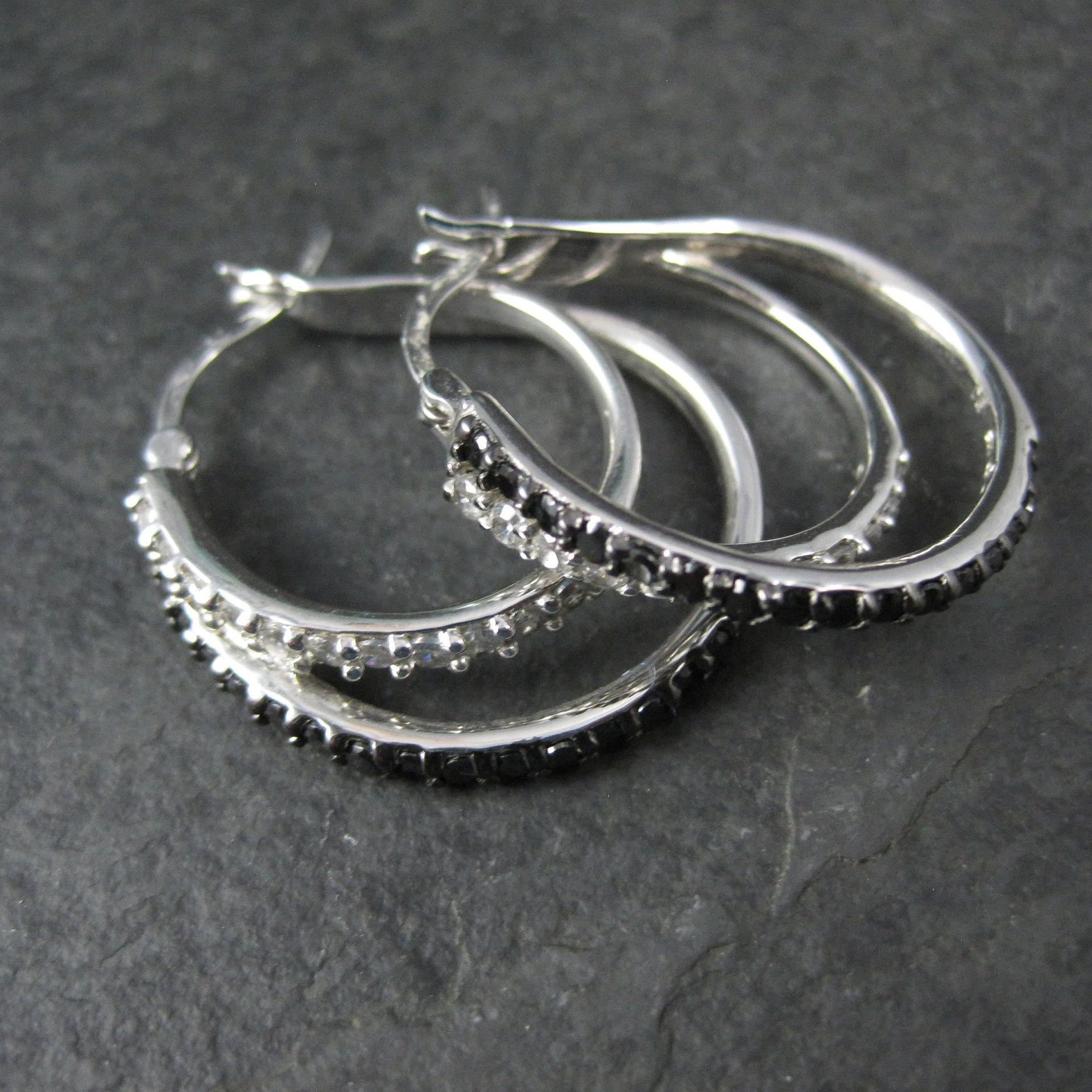 Estate Sterling Black & White Cz Latch Hoop Earrings