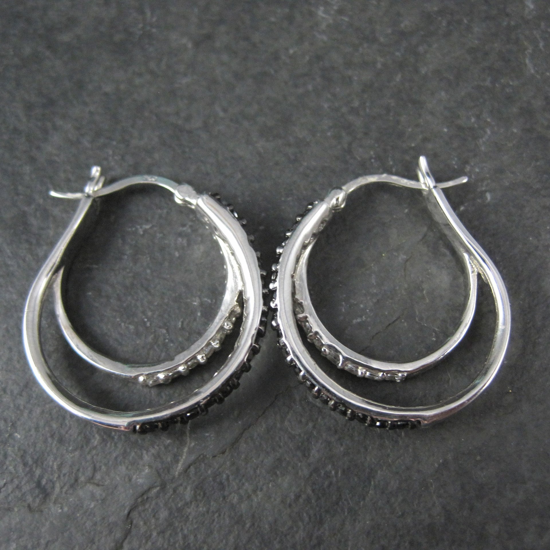 Estate Sterling Black & White Cz Latch Hoop Earrings